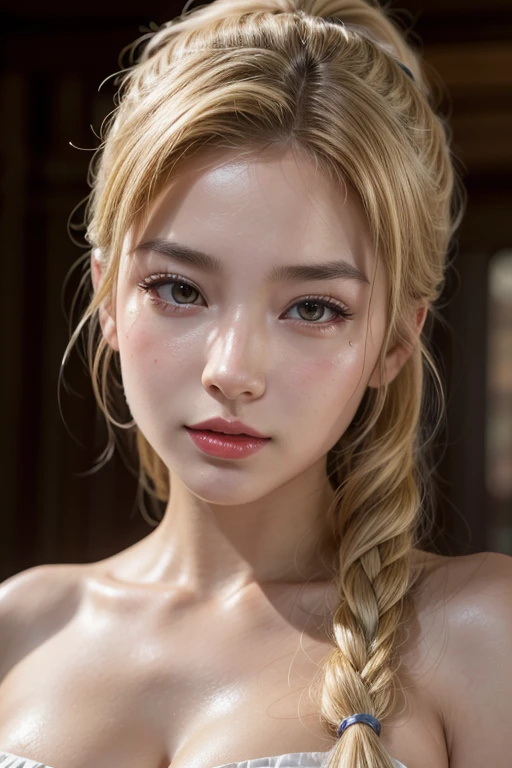 (completamente desnuda), (full shot),(small breasts), (Slim body), Generates a surreal image of a woman with long white hair, beautiful green eyes, beautiful eye makeup, and double braids hanging down from her shoulders. She looked at the audience with watery eyes and a gentle smile on her lips., holding a cup in her hand and tilting her head curiously. Subtle black makeup and pierced ears added to her unique charm.,long hiar,Detailedface