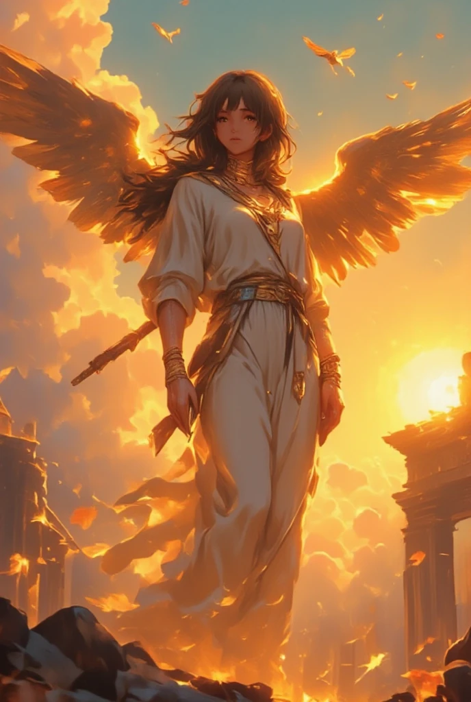 a beautiful Greek woman in front of 1 boy with wings, Icarus flying looking at the camera, background is the sun, dramatic sky,dramatic lighting,glowing sun,golden light,detailed feathers,dramatic clouds,ancient Greek architecture,cinematic composition,hyper detailed,concept art,matte painting,vibrant colors,dramatic atmosphere,photorealistic,masterpiece