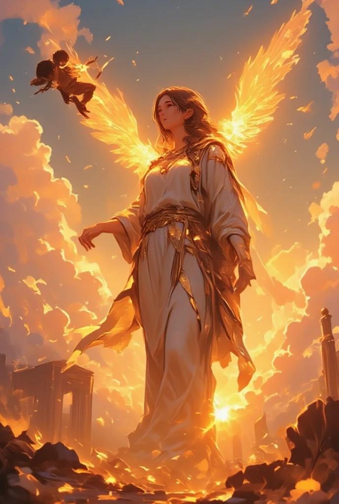 a beautiful Greek woman in front of 1 boy with wings, Icarus flying looking at the camera, background is the sun, dramatic sky,dramatic lighting,glowing sun,golden light,detailed feathers,dramatic clouds,ancient Greek architecture,cinematic composition,hyper detailed,concept art,matte painting,vibrant colors,dramatic atmosphere,photorealistic,masterpiece