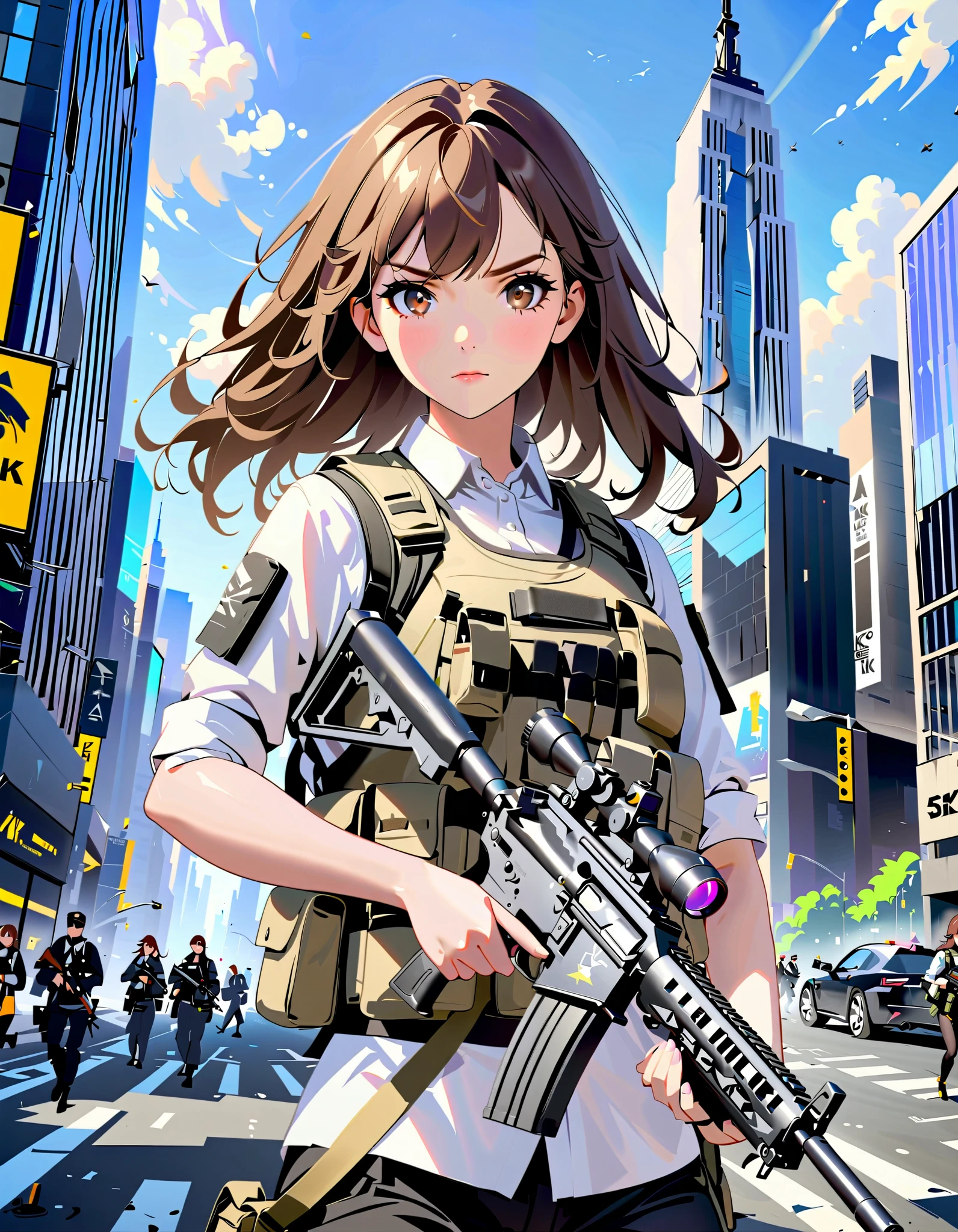 anime girl with gun in hand and city in background, brown hair, hazel eyes, new york, with rifle, assault vest, solo, solo focus, daytime, badass anime 8 k, heavily armed, holding a rifle, girls frontline style, holding rifle, fine details. girls frontline, 4 k manga wallpaper