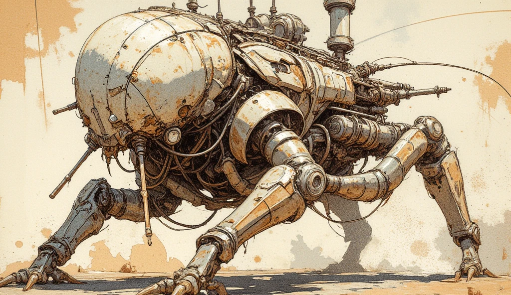 The image depicts a fragile and otherworldly sketch of a futuristic mechanical being, a cross between a vehicle and a robotic beast. Its design is detailed and sophisticated, displaying a range of mechanical elements that contribute to a steampunk look. The machine's forefront features a rounded, dome-shaped section with various antennas and sensors, akin to an insect's head or a scouting pod. It stands on articulated legs with clawed extremities for movement. The machine's elongated torso is adorned with multiple cylindrical containers, conduits, and apparatuses, suggesting an industrial function.