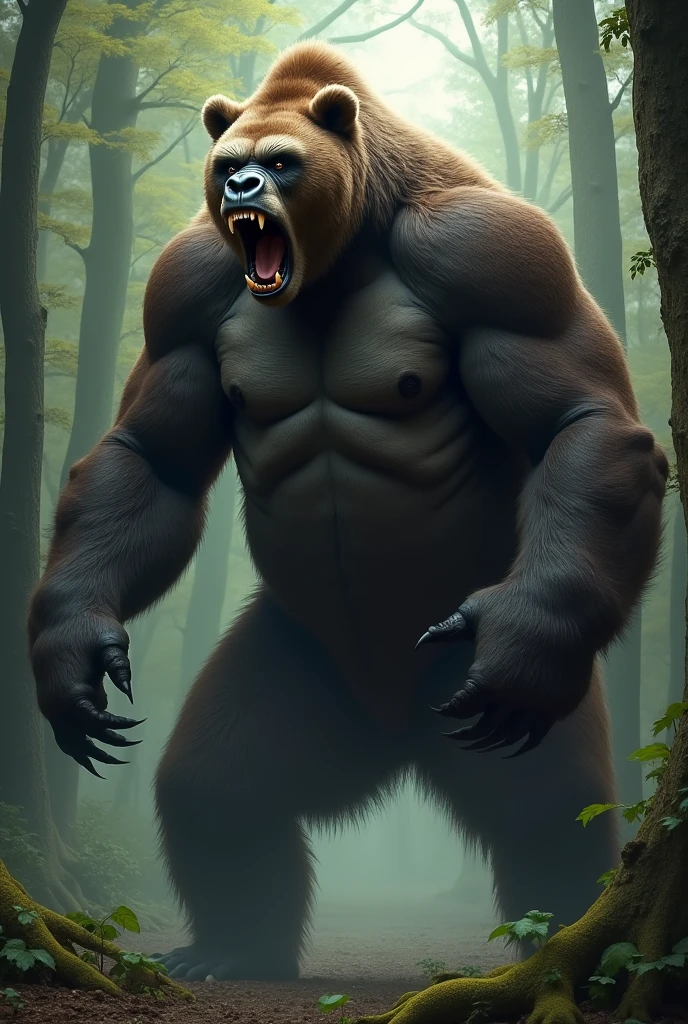 "A colossal hybrid of a grizzly bear and an angry African gorilla. The creature has the size and dense fur of a bear, with the muscular arms and broad chest of a gorilla. Its claws are long and deadly, and its roaring face blends bear ferocity with gorilla rage. It stands on its hind legs in a dense forest."
