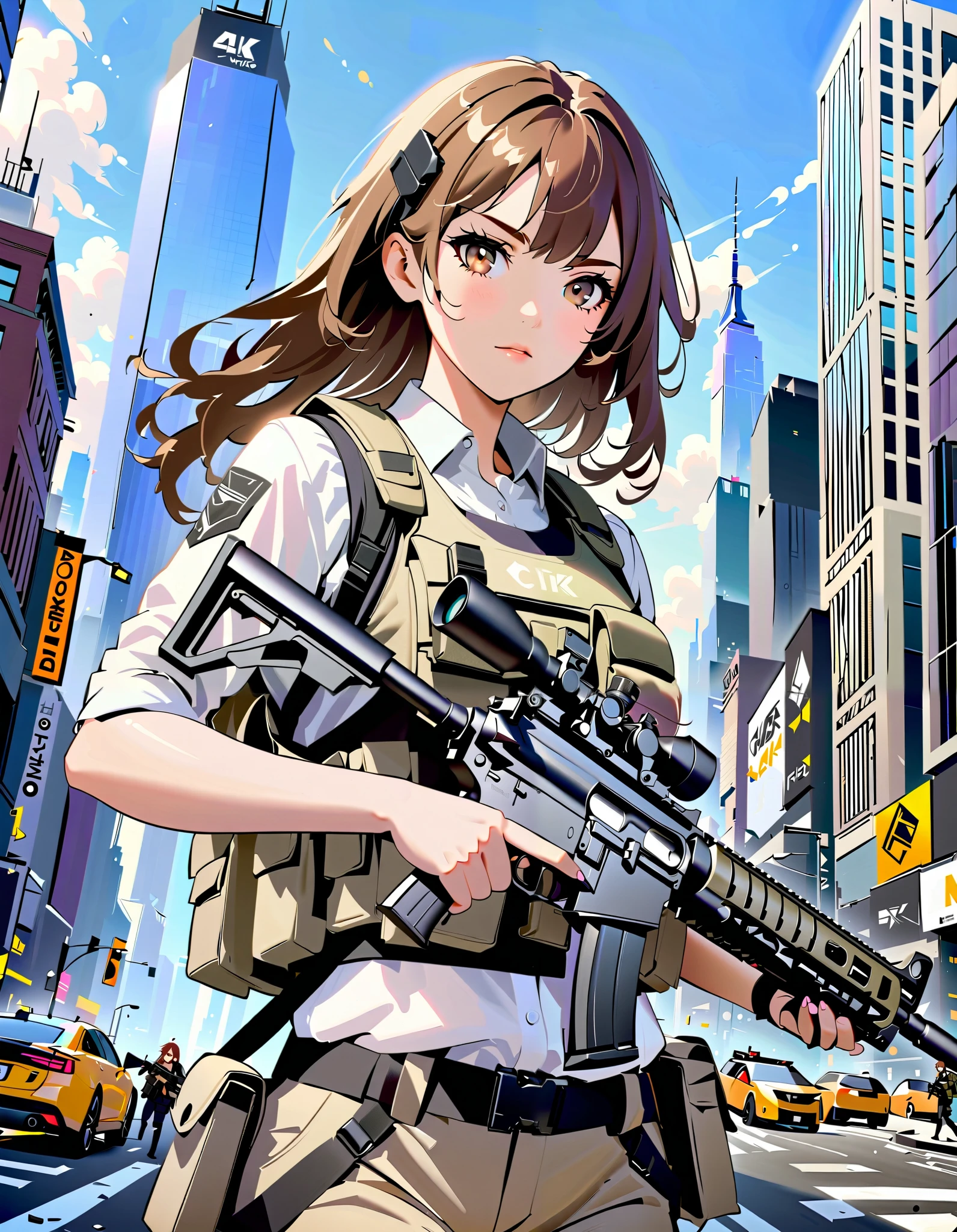 anime girl with gun in hand and city in background, brown hair, hazel eyes, new york, with rifle, assault vest, solo, solo focus, daytime, badass anime 8 k, heavily armed, holding a rifle, girls frontline style, holding rifle, fine details. girls frontline, 4 k manga wallpaper