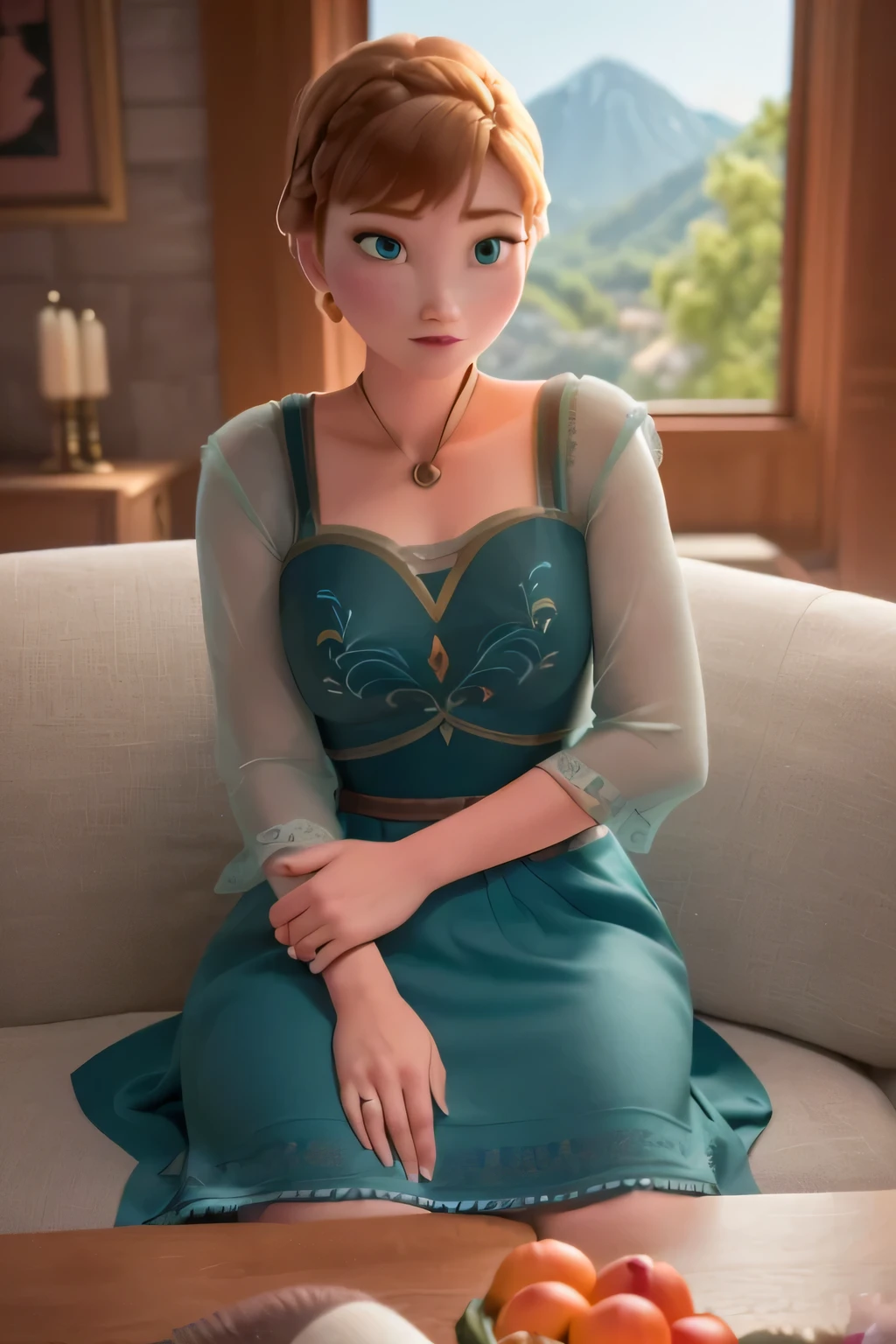 Araffed princess sitting on a couch with a bowl of fruit - SeaArt AI