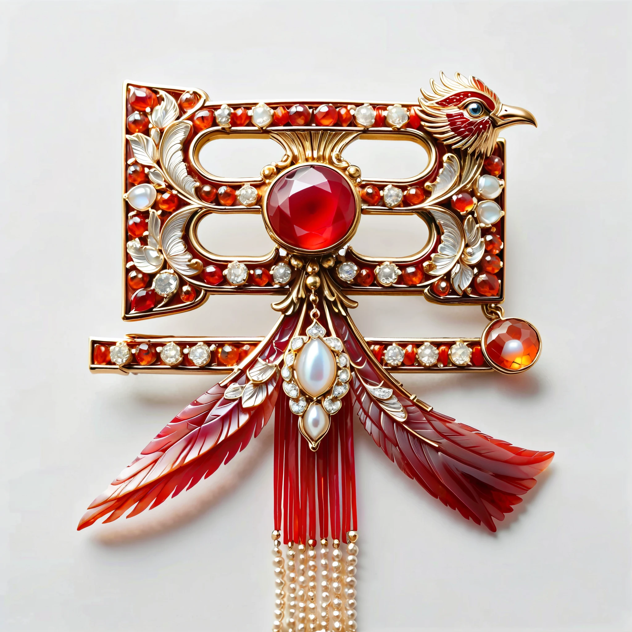  A long ruby-colored hairpin carved into the shape of a phoenix,Inlaid with pearls .  The body of the hairpin is like the long tail feathers of a phoenix .  its head slowly lowered ,  It has a tassel on its sharp mouth . , a few pigeon blood beads fall down .  It is made of a whole red agate . ((  white background ))