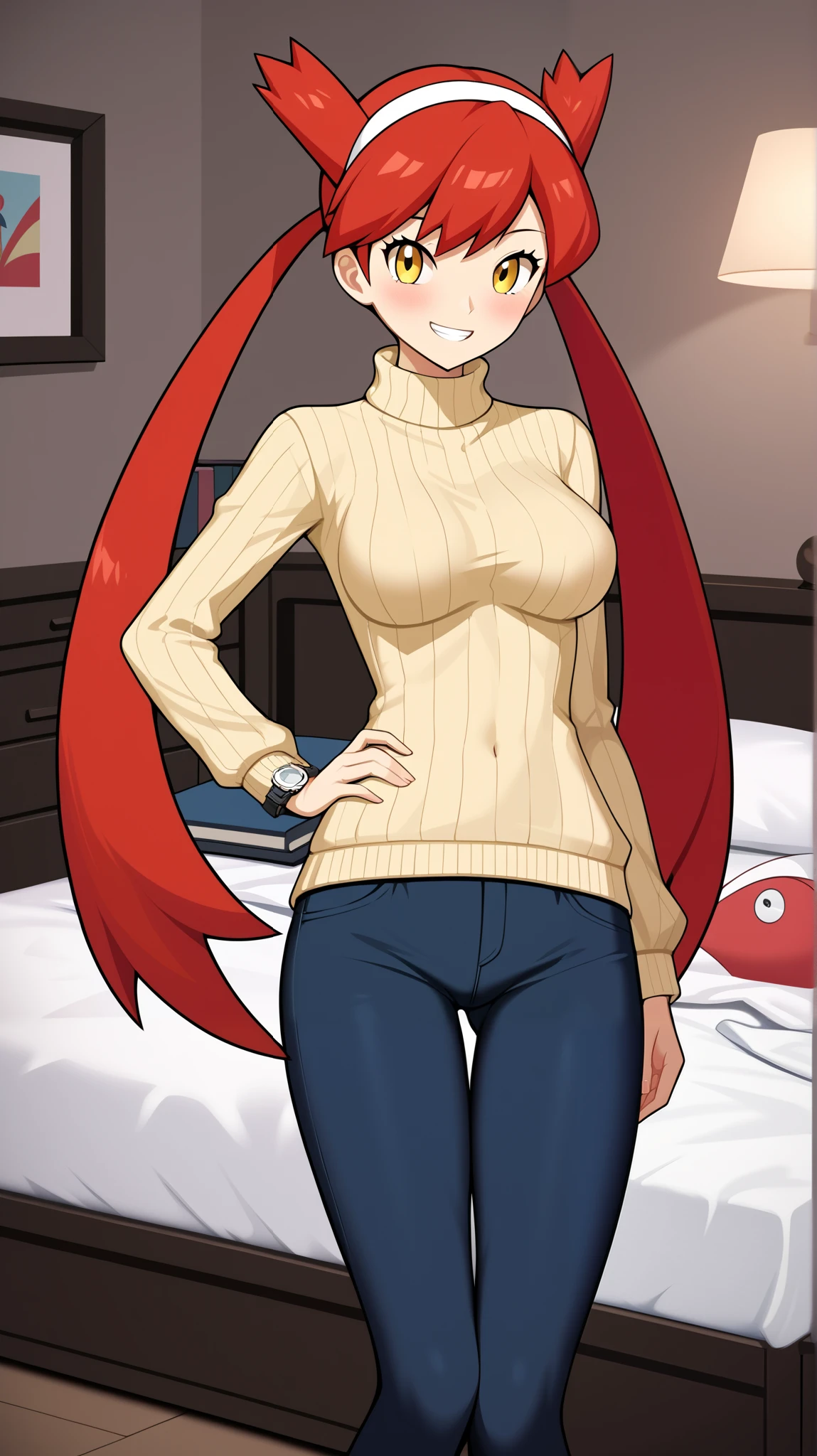 (( top quality )), ((masterpiece)), (( Details)), 1girl, Red hair color,  twin tails,  long hair, Yellow Eyes, long sleeve vertical stripe sweater,  black knee-high stockings,  absolute domain,  Tall,  ANIME COLORING BOOK,  Watch Viewers , 1 Female, Age 18,  is standing, whole body, Place one hand on hip,  slim figure,  sexy smile,  seductive smile, teeth, bedroom,  bed, (\ Pokémon\),  score_9,  score_8_Excellent,  score_7_Excellent,  score_6_Excellent,  Source_Anime,  Cell Shading,  flat color, vector, Ample breasts, Two legs, two arms,