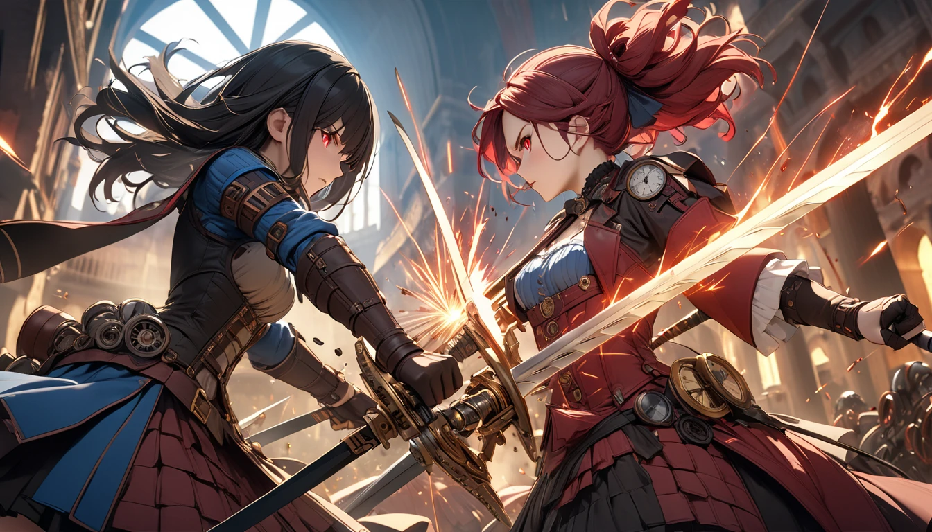 2 female-type murder machines competing with swords, A body tailored for an opportunity to peek into gears, Karakuri doll, A steampunk-inspired illustration depicting a fierce duel between two female assassin machines in a colosseum, The scene captures a close-up view of their upper bodies with a distorted perspective, Both machines with glowing red eyes and visible mechanical parts are locked in a dramatic clash of swords sparks flying as their blades collide, The vibrant colors and dynamic lighting enhance the intensity of the battle making the image both captivating and powerful, UHD, retina, masterpiece, accurate, anatomically correct, textured skin, super detail, high details, high quality, award winning, best quality, highres, 16k