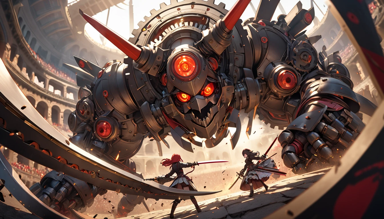 2 female-type murder machines competing with swords, A body tailored for an opportunity to peek into gears, Karakuri doll, A steampunk-inspired illustration depicting a fierce duel between two female assassin machines in a colosseum, The scene captures a close-up view of their upper bodies with a distorted perspective, Both machines with glowing red eyes and visible mechanical parts are locked in a dramatic clash of swords sparks flying as their blades collide, The vibrant colors and dynamic lighting enhance the intensity of the battle making the image both captivating and powerful, UHD, retina, masterpiece, accurate, anatomically correct, textured skin, super detail, high details, high quality, award winning, best quality, highres, 16k