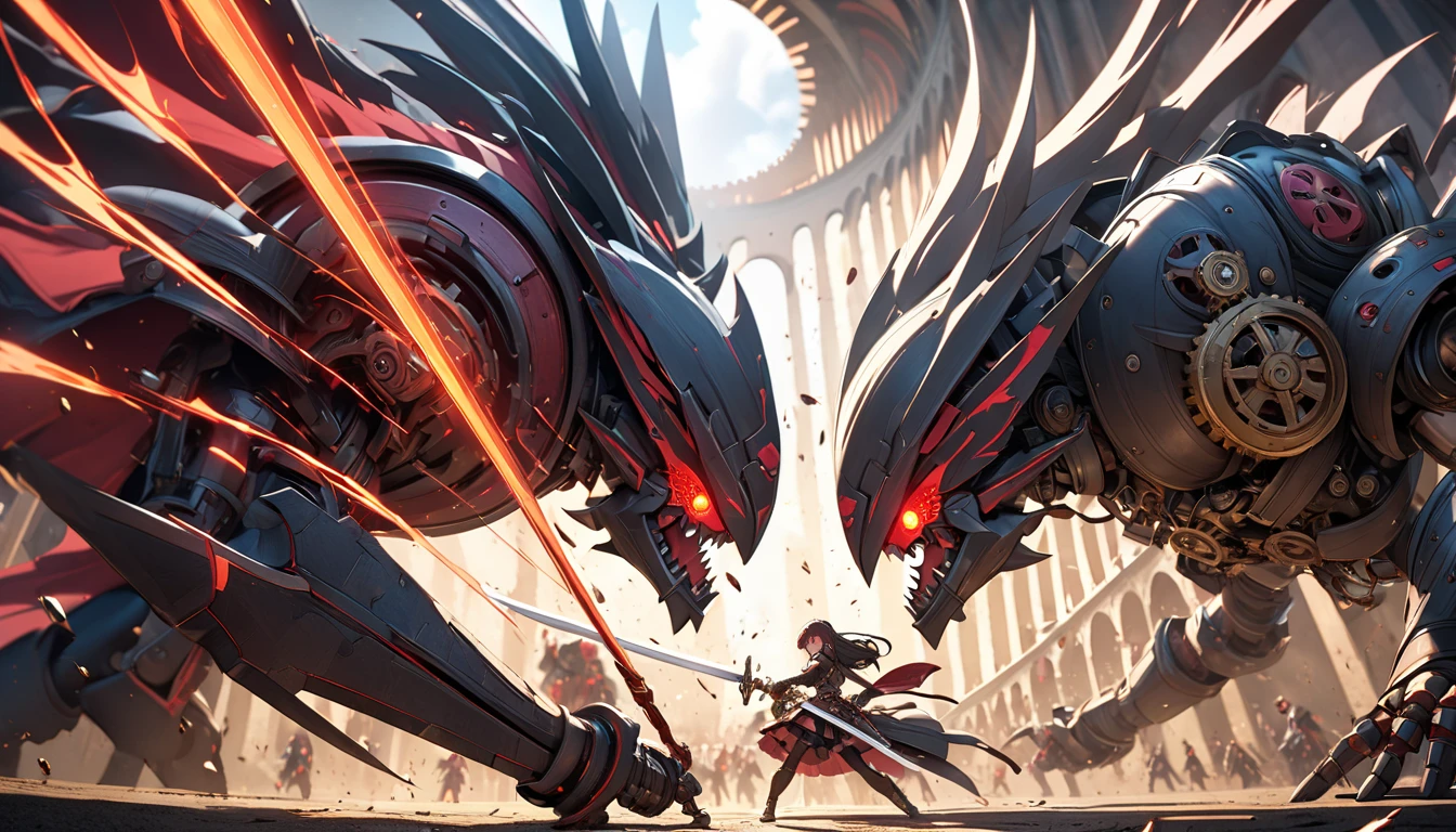 2 female-type murder machines competing with swords, A body tailored for an opportunity to peek into gears, Karakuri doll, A steampunk-inspired illustration depicting a fierce duel between two female assassin machines in a colosseum, The scene captures a close-up view of their upper bodies with a distorted perspective, Both machines with glowing red eyes and visible mechanical parts are locked in a dramatic clash of swords sparks flying as their blades collide, The vibrant colors and dynamic lighting enhance the intensity of the battle making the image both captivating and powerful, UHD, retina, masterpiece, accurate, anatomically correct, textured skin, super detail, high details, high quality, award winning, best quality, highres, 16k