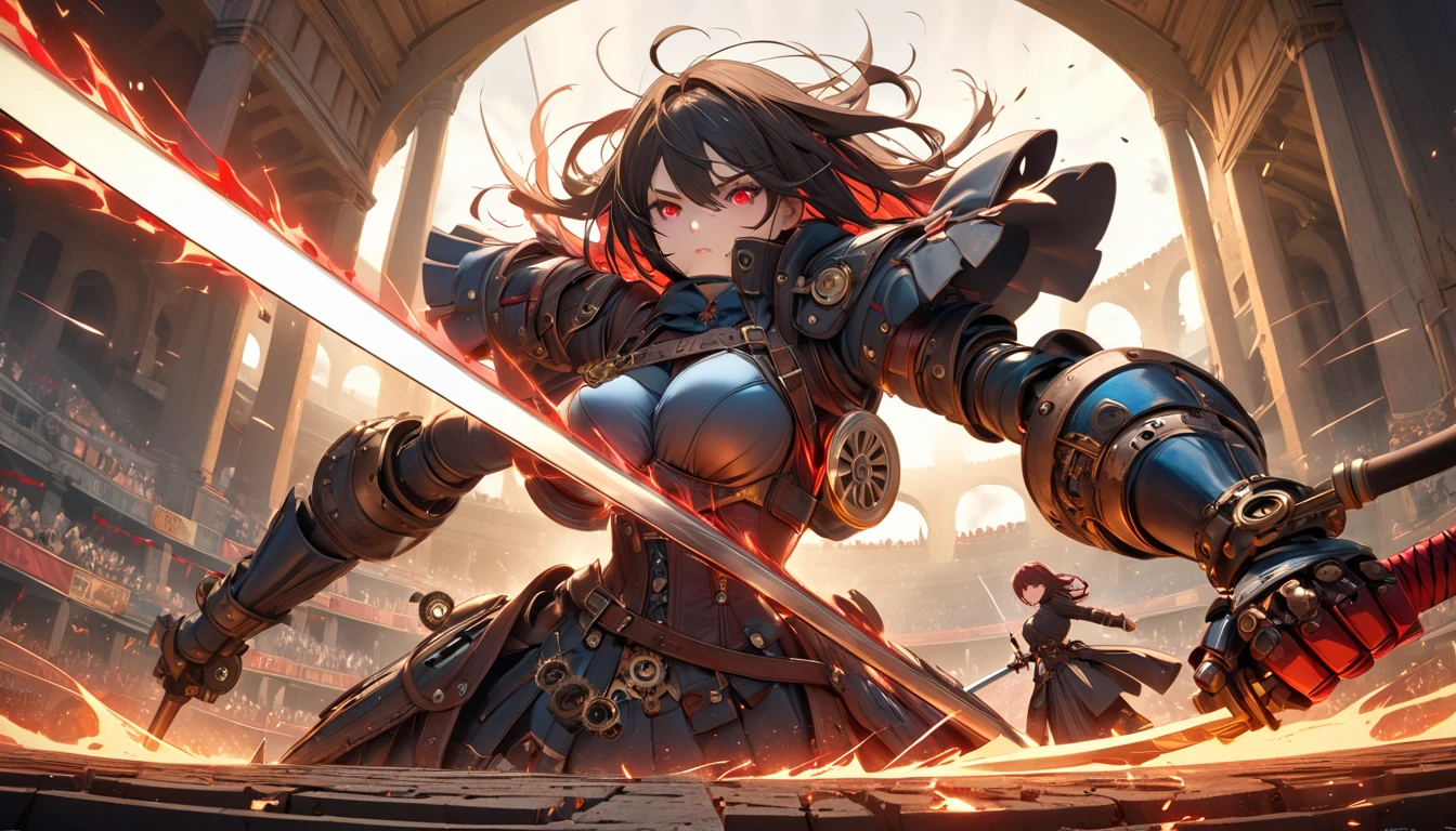 2 female-type murder machines competing with swords, A body tailored for an opportunity to peek into gears, Karakuri doll, A steampunk-inspired illustration depicting a fierce duel between two female assassin machines in a colosseum, The scene captures a close-up view of their upper bodies with a distorted perspective, Both machines with glowing red eyes and visible mechanical parts are locked in a dramatic clash of swords sparks flying as their blades collide, The vibrant colors and dynamic lighting enhance the intensity of the battle making the image both captivating and powerful, UHD, retina, masterpiece, accurate, anatomically correct, textured skin, super detail, high details, high quality, award winning, best quality, highres, 16k