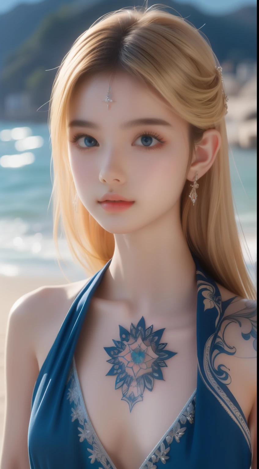 Witness the ultimate masterpiece of art with our AI platform – stunning 8k ultra HD renderings of a beautiful Pakistani woman adorned with intricate tattoos, Play on the beach with blonde hair and piercing blue eyes.