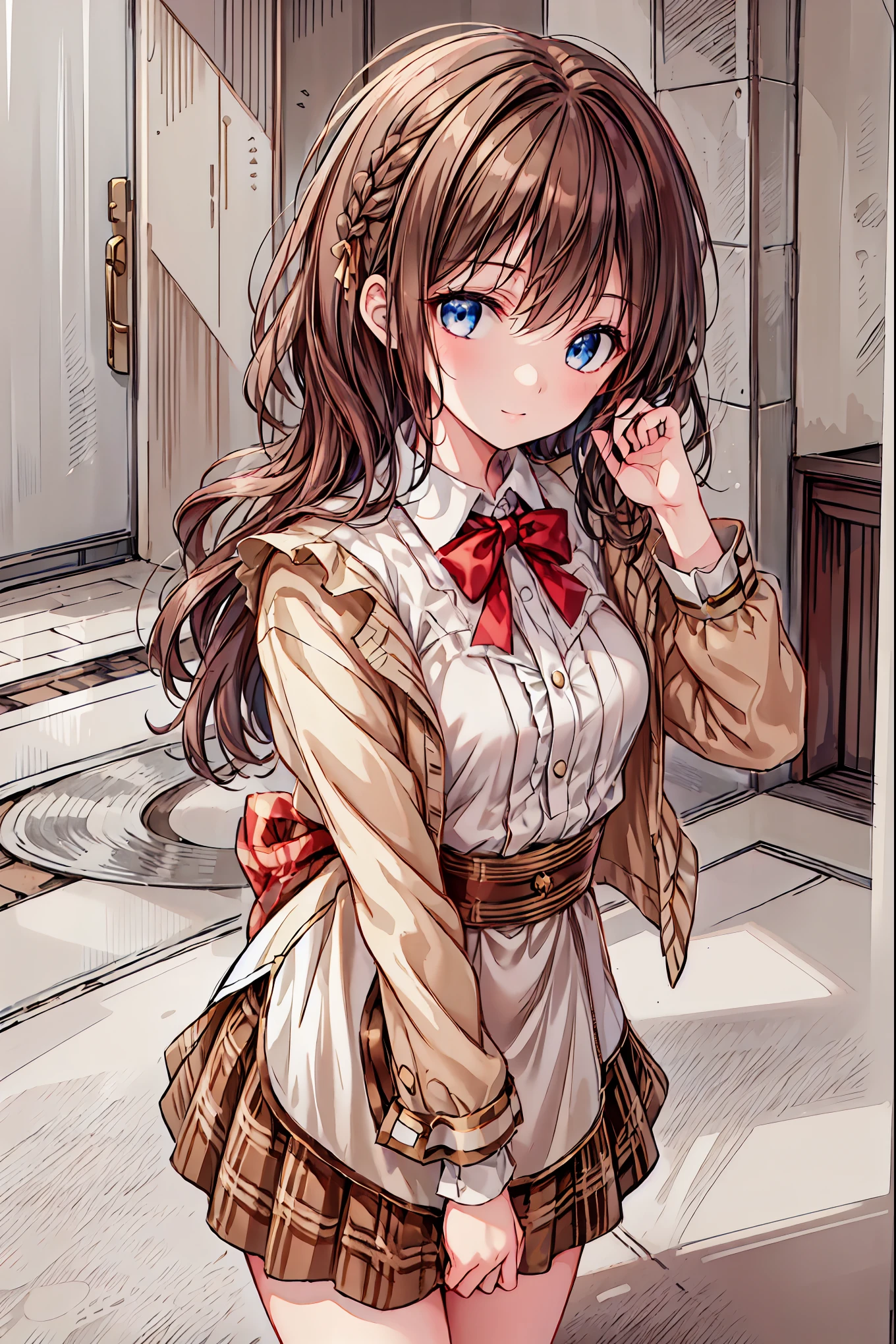( top quality ,masterpiece:1.3,  super high res),(  very detailed,  caustics,8k),(  realistic :1.4,RAW shooting),18 years old,  Japanese  ,  cute,  Looking at the camera and smiling  ,blazer uniform,  slouching position with collar,  waist up shot  ,(  focus on faces :1.2),(  face close-up :1.2),(Low position:1.3),(  low angle:1.4),Brown Hair，  shortcuts，  slender beauty  ，  messy hair，Cityscape， Brown Hair， shortcuts， Unkempt Hair ，Short braided hair，Neat， slender beautiful woman，Correct posture，Small chest， beautiful legs， enchanting gray-blue eyes shine like stars，Droopy eyes， brightly colored , beautiful eyes,A delicate smile,Textured Skin, best quality best , gentle and beautiful woman , anime style､