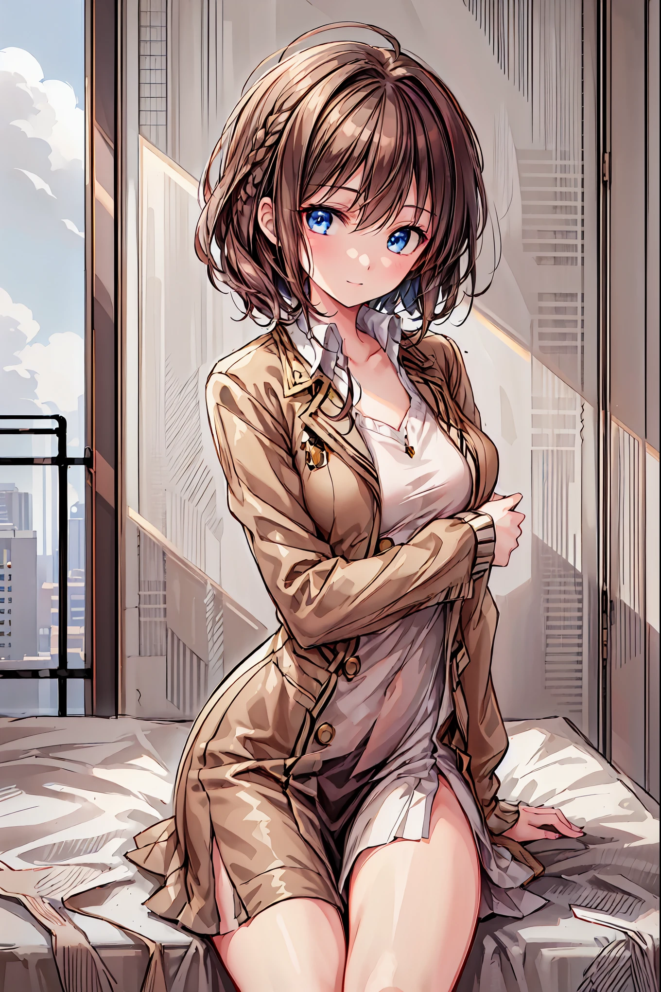 ( top quality ,masterpiece:1.3, super high res),( very detailed, caustics,8k),( realistic :1.4,RAW shooting),18 years old, Japanese , cute, Looking at the camera and smiling ,blazer uniform, slouching position with collar, waist up shot ,( focus on faces :1.2),( face close-up :1.2),(Low position:1.3),( low angle:1.4),Brown Hair, shortcuts, slender beauty , messy hair,Cityscape, Brown Hair, shortcuts, Unkempt Hair ,Short braided hair,Neat, slender beautiful woman,Correct posture,Small chest, beautiful legs, enchanting gray-blue eyes shine like stars,Droopy eyes, brightly colored , beautiful eyes,A delicate smile,Textured Skin, best quality best , gentle and beautiful woman , anime style、