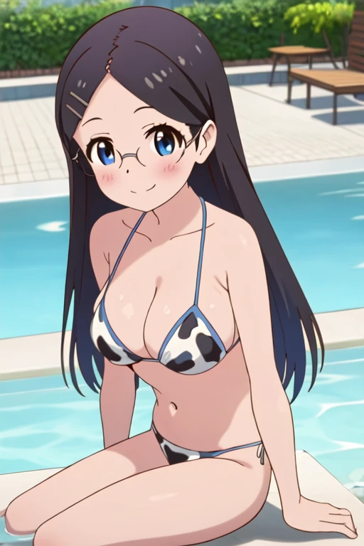 (masterpiece), (Highest quality), (High resolution), (detailed), One girl, (Hanekawa Tsubasa), Purple eyes, Black Hair, Long Hair, Hair Clip, hair ornaments, Braiding, twin Braidings, Hair Ribbon, Glasses Big, (White frilled bikini), close, standing, Cowboy Shot, night, View your viewers, smile, poolsaide