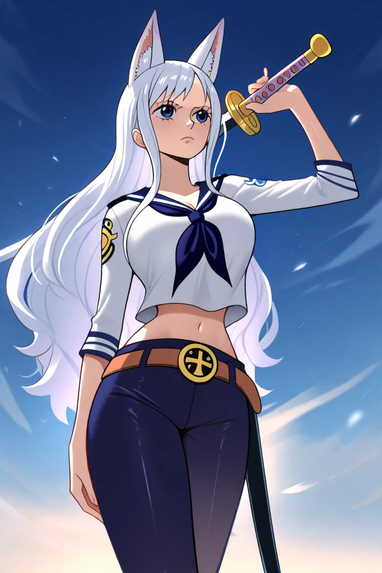 anime girl with long white hair, she has a long white fox ears, standing in front of a sky, an anime drawing by Jizoku, pixiv, from one piece, one piece style, fine details. One piece, anime girl with long hair, big breasts, long female character, female anime character, dressed as grand navy character, in the white uniform of a Marine Admiral, with a sheathed sword on her belt, dressed in dark blue sailor pants, bright blue eyes, one piece universe, one piece grand navy