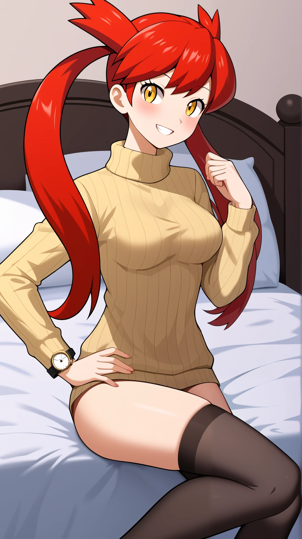 (( top quality )), ((masterpiece)), (( Details)), 1girl, Red hair color,  twin tails,  long hair, Yellow Eyes, long sleeve vertical stripe sweater,  black knee-high stockings,  absolute domain,  Tall,  ANIME COLORING BOOK,  Watch Viewers , 1 Female, Age 18,  is standing, whole body, Place one hand on hip,  slim figure,  sexy smile,  seductive smile, teeth, bedroom,  bed, (\ Pokémon\),  score_9,  score_8_Excellent,  score_7_Excellent,  score_6_Excellent,  Source_Anime,  Cell Shading,  flat color, vector, Ample breasts, Two legs, two arms,