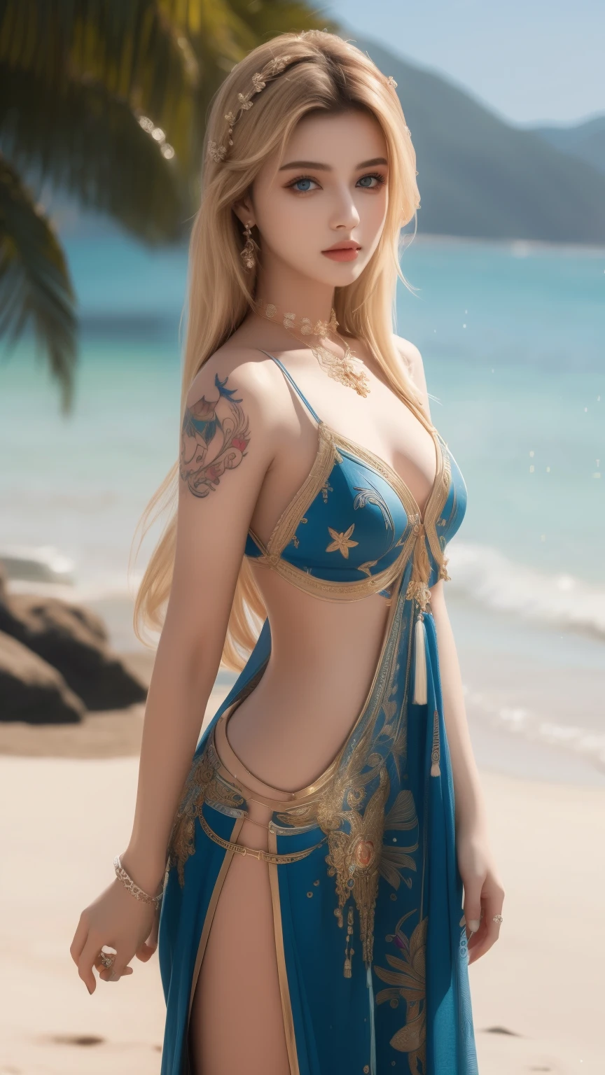 Witness the ultimate masterpiece of art with our AI platform – stunning 8k ultra HD renderings of a beautiful Pakistani woman adorned with intricate tattoos, Play on the beach with blonde hair and piercing blue eyes.