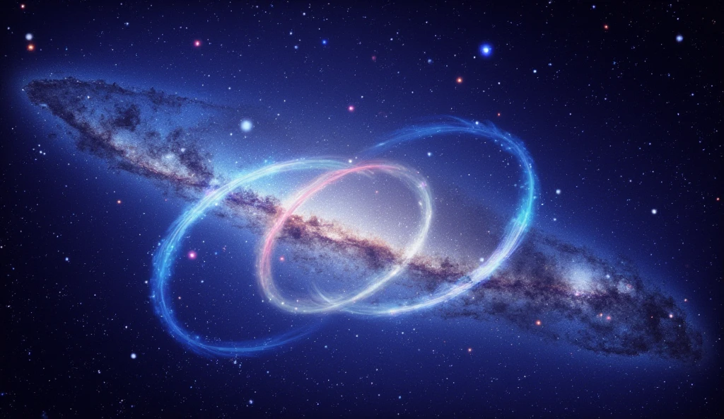 Triple overlapping ring-shaped nebula，The blue Milky Way，Nebula Fog， Digital Art by  ，Gold Sparkle，Beautiful digital art,  4K high resolution digital art , Soft swirling magic energy，Magic Whirlwind，Dreamlike art,  complex and glamorous anime CGI style 、 super high image quality, Ultra Fine, High Quality ,Spectacular views,Night Sky,8K quality, outer space ,Stars that fill the whole sky 々,View the galaxy from the front ,( Two galaxies cross to form an X shape ),Spiral nebula and supermassive galaxy,  spiral galaxies with many turns , Vast Dark Universe ,  colorful gaseous nebulae,Infinite stars々, Quasars Shining in the Distance , Nebula shining in purple, blue, red, gold, green, silver, and pink,plasma, an uncountable number of huge stars.遠くに別の銀河 visible ,Massive stars in a spectacular galaxy々 visible ,A galaxy with 100 billion stars ,(Two galaxies intersect ), cobalt blue and ultramarine,