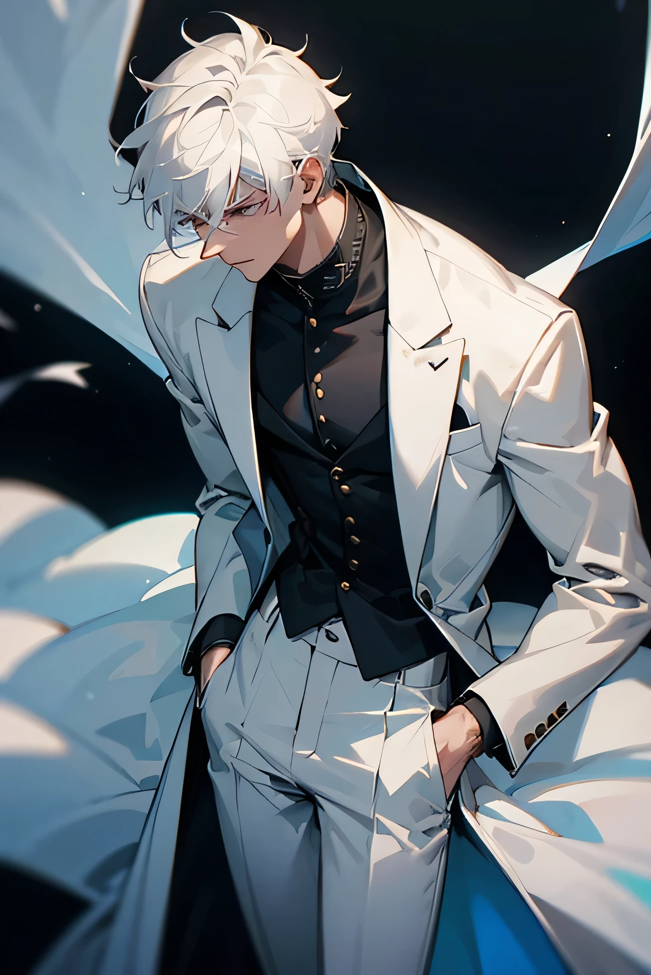 person, Tall,Broad shoulders,Have muscles,White hair,, with dark eyes ;., short hair , Age 30, Wearing long pants ,Put on a white suit ,, looks like a knight, a very handsome face., He is a knight , intense atmosphere , Sky Black , Dark color ,. , he is a serious man , ,, proposed in a discreet posture