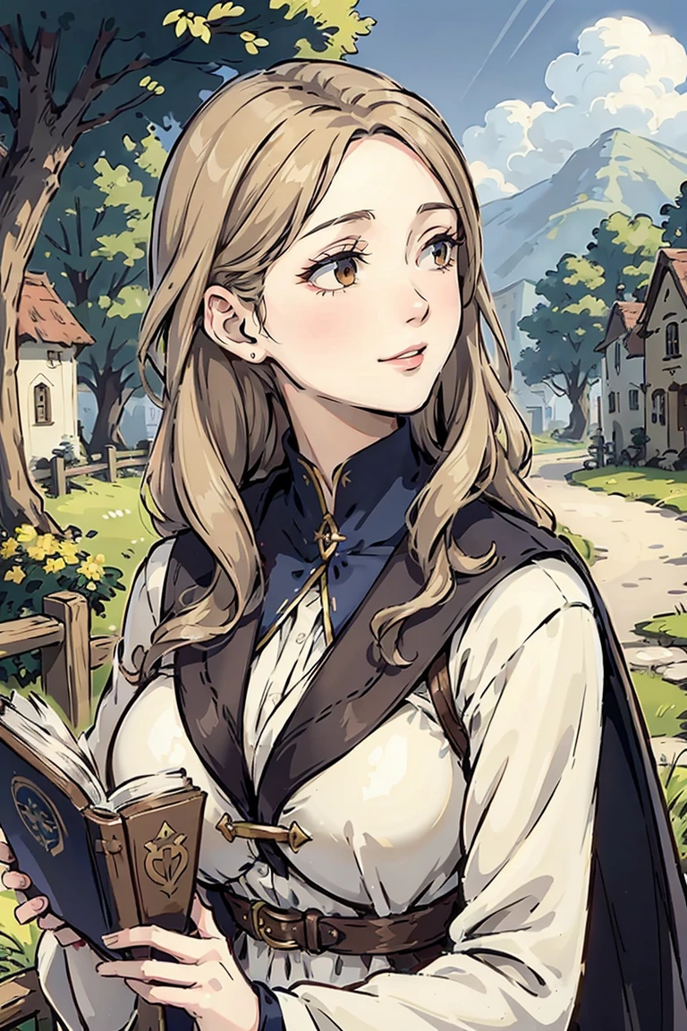 Modest clothing, medieval clothing, adult women, older women, adventurers uniform, silky hair, pale hair, long wavy hair, big breasts, light-brown eyes, detailed eyes, perfect eyes, holding a book, shy expression, light smile, small village background, old village background,