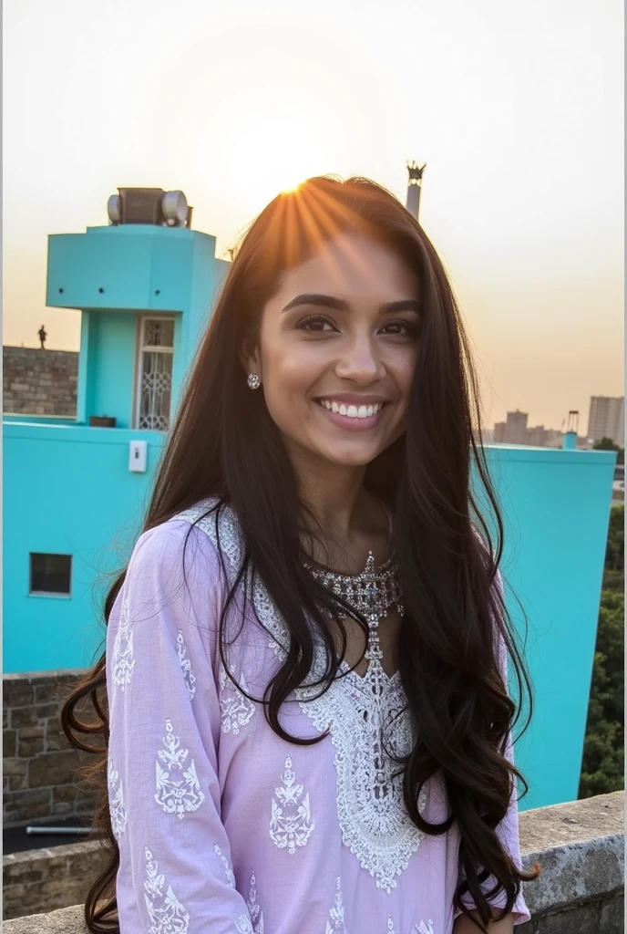 Photorealistic portrait of a 21-year-old north-indian girl with long black wave hair.She has dark chocolate brown eyes.She is natural. She should have a lot freckles on her face. She is natural and ultrarealistic and hiper-realistic.very hermosa model. it is nighttime. . she shows her dior outfit . hyper-realistic image. she is holding an iphone in her left hand. she is not looking towards the camera. she is looking to the left. the photograph does not show her in close-up. she is walking along a park. it is nighttime. ultra-realistic.she is laughing