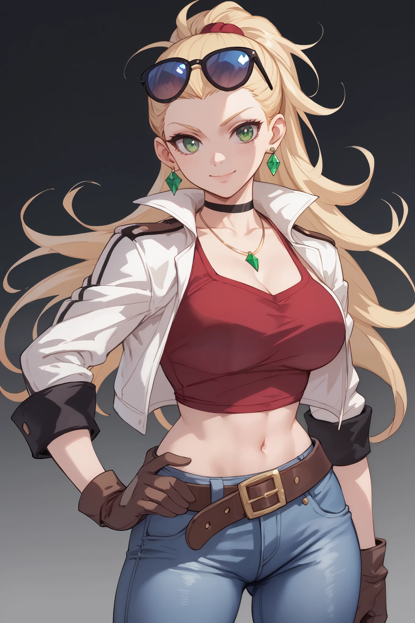 20 year old girl, long flowing blonde hair, blue sunglasses on head, cute face, green eyes, light blush, green earrings, prism necklace, black tube top, open midriff, red vest, brown biker gloves, jeans, brown belt, steel toe boots, large chest, thin waist, standing, relaxed down arms