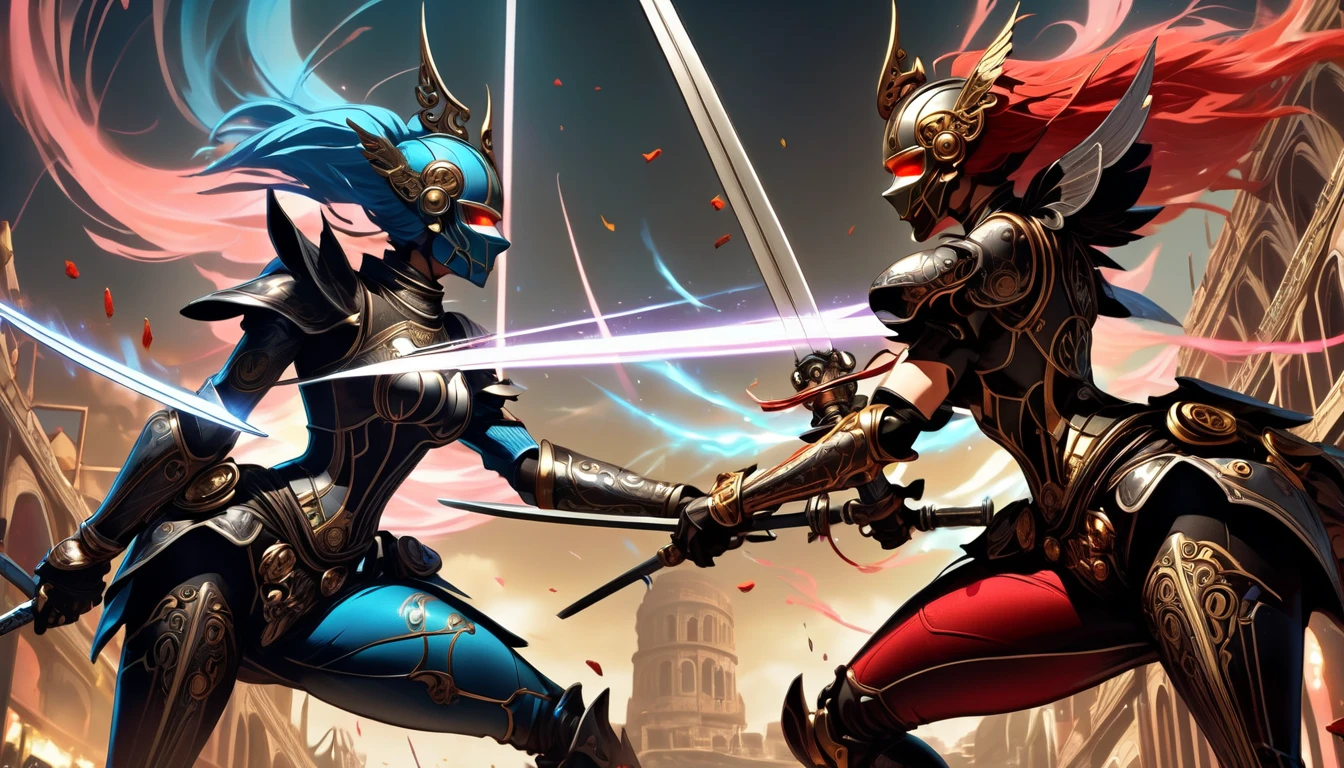 2 female-type murder machines competing with swords, A body tailored for an opportunity to peek into gears, Karakuri doll, A steampunk-inspired illustration depicting a fierce duel between two female assassin machines in a colosseum, The scene captures a close-up view of their upper bodies with a distorted perspective, Both machines with glowing red eyes and visible mechanical parts are locked in a dramatic clash of swords sparks flying as their blades collide, The vibrant colors and dynamic lighting enhance the intensity of the battle making the image both captivating and powerful, UHD, retina, masterpiece, accurate, anatomically correct, textured skin, super detail, high details, high quality, award winning, best quality, highres, 16k