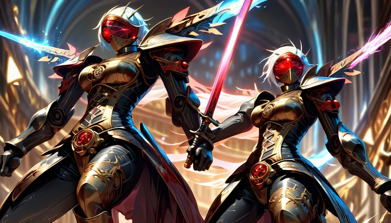 2 female-type murder machines competing with swords, A body tailored for an opportunity to peek into gears, Karakuri doll, A steampunk-inspired illustration depicting a fierce duel between two female assassin machines in a colosseum, The scene captures a close-up view of their upper bodies with a distorted perspective, Both machines with glowing red eyes and visible mechanical parts are locked in a dramatic clash of swords sparks flying as their blades collide, The vibrant colors and dynamic lighting enhance the intensity of the battle making the image both captivating and powerful, UHD, retina, masterpiece, accurate, anatomically correct, textured skin, super detail, high details, high quality, award winning, best quality, highres, 16k