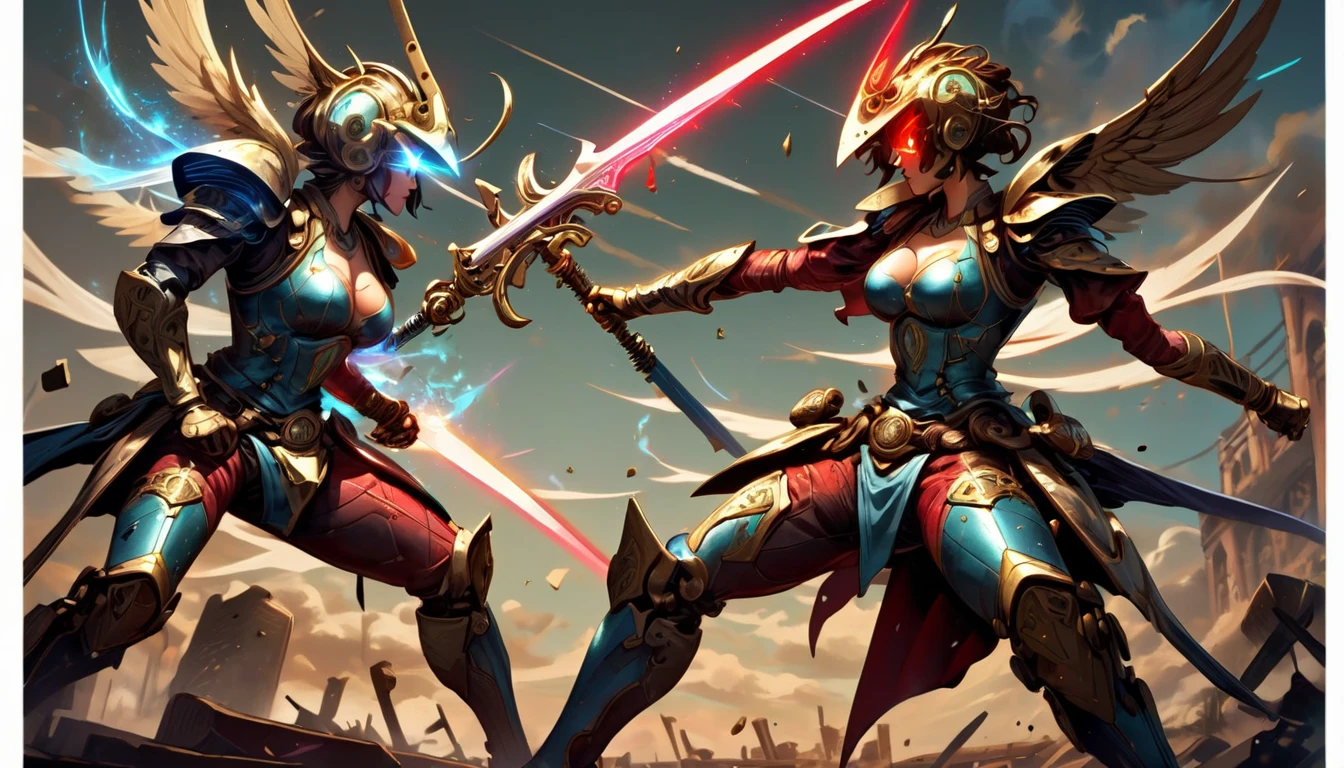 2 female-type murder machines competing with swords, A body tailored for an opportunity to peek into gears, Karakuri doll, A steampunk-inspired illustration depicting a fierce duel between two female assassin machines in a colosseum, The scene captures a close-up view of their upper bodies with a distorted perspective, Both machines with glowing red eyes and visible mechanical parts are locked in a dramatic clash of swords sparks flying as their blades collide, The vibrant colors and dynamic lighting enhance the intensity of the battle making the image both captivating and powerful, UHD, retina, masterpiece, accurate, anatomically correct, textured skin, super detail, high details, high quality, award winning, best quality, highres, 16k