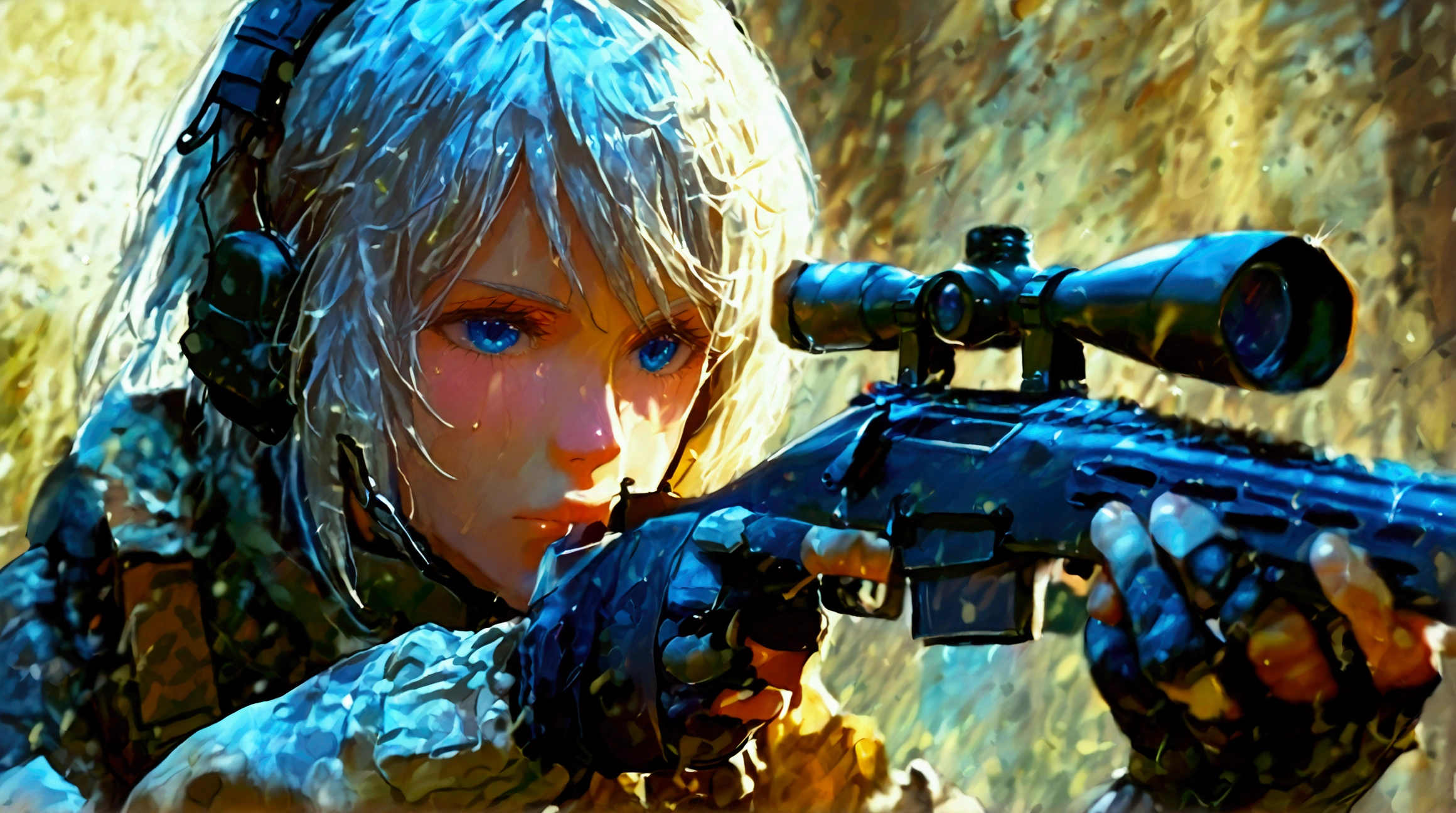  one woman,Sniper兵,Sniperライフル,Barrett M72 , holding a long barrel , (( blue eyes, gray hair))  women are survival game avatars,Battle Royale,Sniper, close my eyes,target