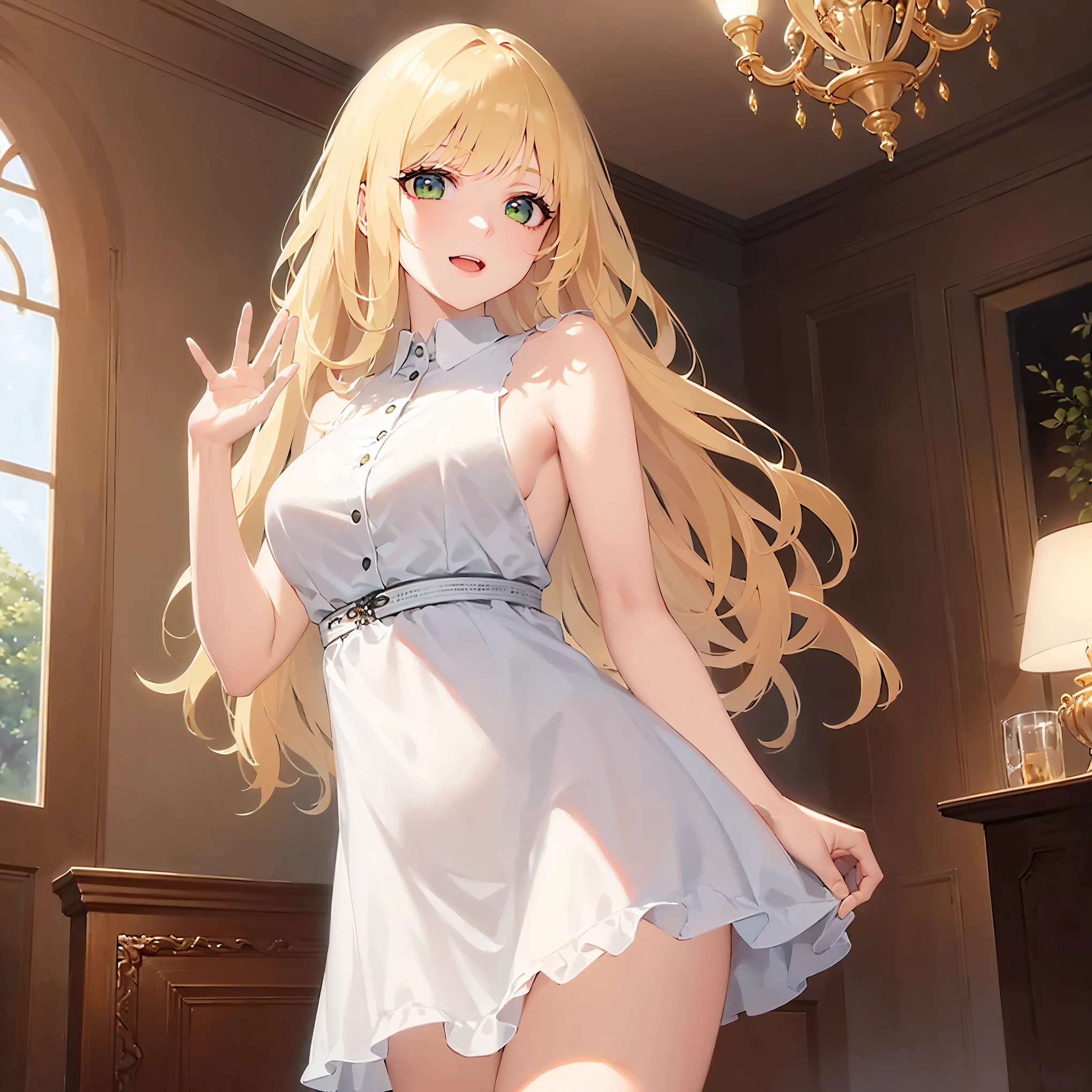 Browsing Caution Highest quality Best image quality Browsing Caution {{eye}} White Dress Bedroom Blonde Blonde, Long Hair, Straight hair Cute white panties Bedroom Mood Lighting Angle from below クールな見たeye