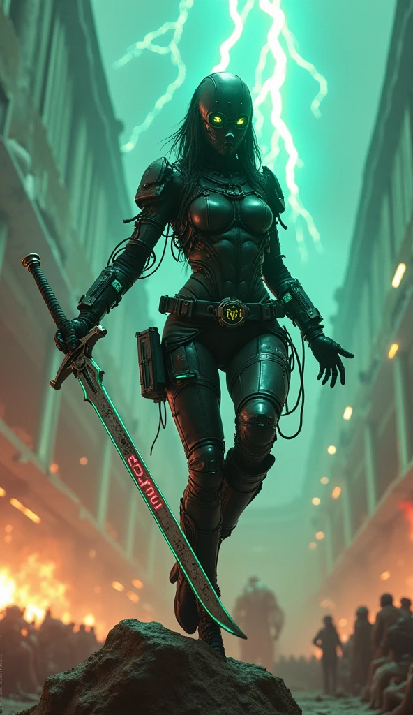 detailed android female, wild pose, she rise up static shock sword for sky, thunder fall for sword, black head, black body, lot of audience viewers in colosseum at future, cyberpunk style, burning foot, Gus mask mixed headgear, high tech face gaggle, glowing terror eye light, mechanical sagging bold belts, mechanical armor, tube, line code, spread arms, 1 knee up, other 1 knee put ground, 1 foot up on rock, glowing mechanical micro panties, green neon line on body, sand storm, sand splash, horror movie lighting, blue light, red light, yellow light, green light, deep depth, bokeh, lot of multiple difficult machine robot at around her, bomb, in wars, broken wall large background, dynamic layout photoreal, in big sound waves,