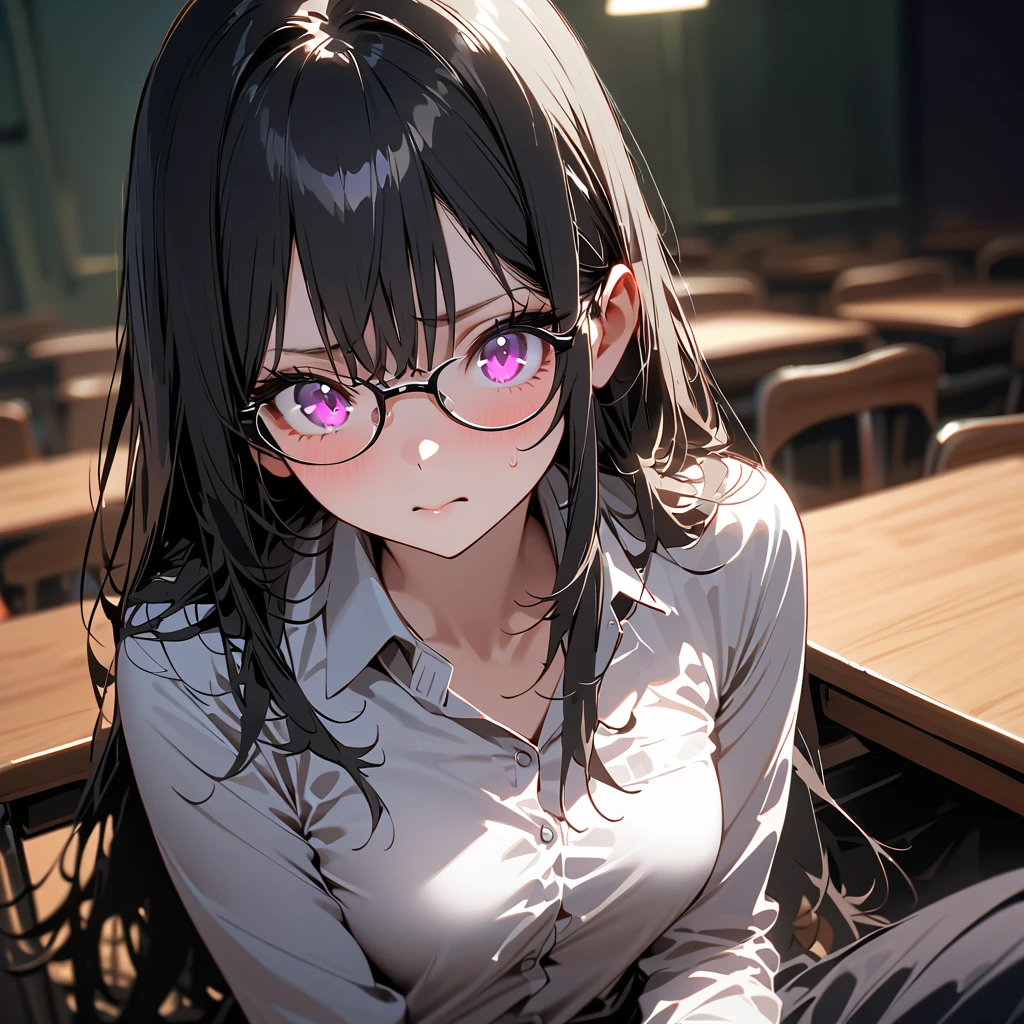 (beautiful girl: 1.3), 1girl, masterpiece, Highest quality, Ultra-high resolution, rich contrast, super high quality, 8k, detailed CG unit wallpaper, texture, Ultra-high resolution, RAW Photos, (Depth of Field:1.2), (white buttoned shirt), eyeglasses, black skirt, (((short black hair))), Ultra-detailed violet eyes, ((fearful expression)), closed mouth, scared, sitting on the floor, Glowing Skin, night time, (bright), in an empty classroom, (small breasts), Long eyelashes, ((half-body shot))