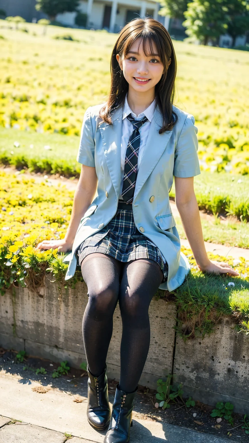 Ulchan-6500-v1.1, (RAW photo:1.2), (Photoreal), (genuine:1.4), １milf, perfect anatomy, 48 years old, plump body:0.5, look at the viewer, medium long hair,  vest, plaid skirt, ((sit on the grass and open legs:1.0)), (super realistic pantyhose:1.2), (high heels), (business services), under shade of tree