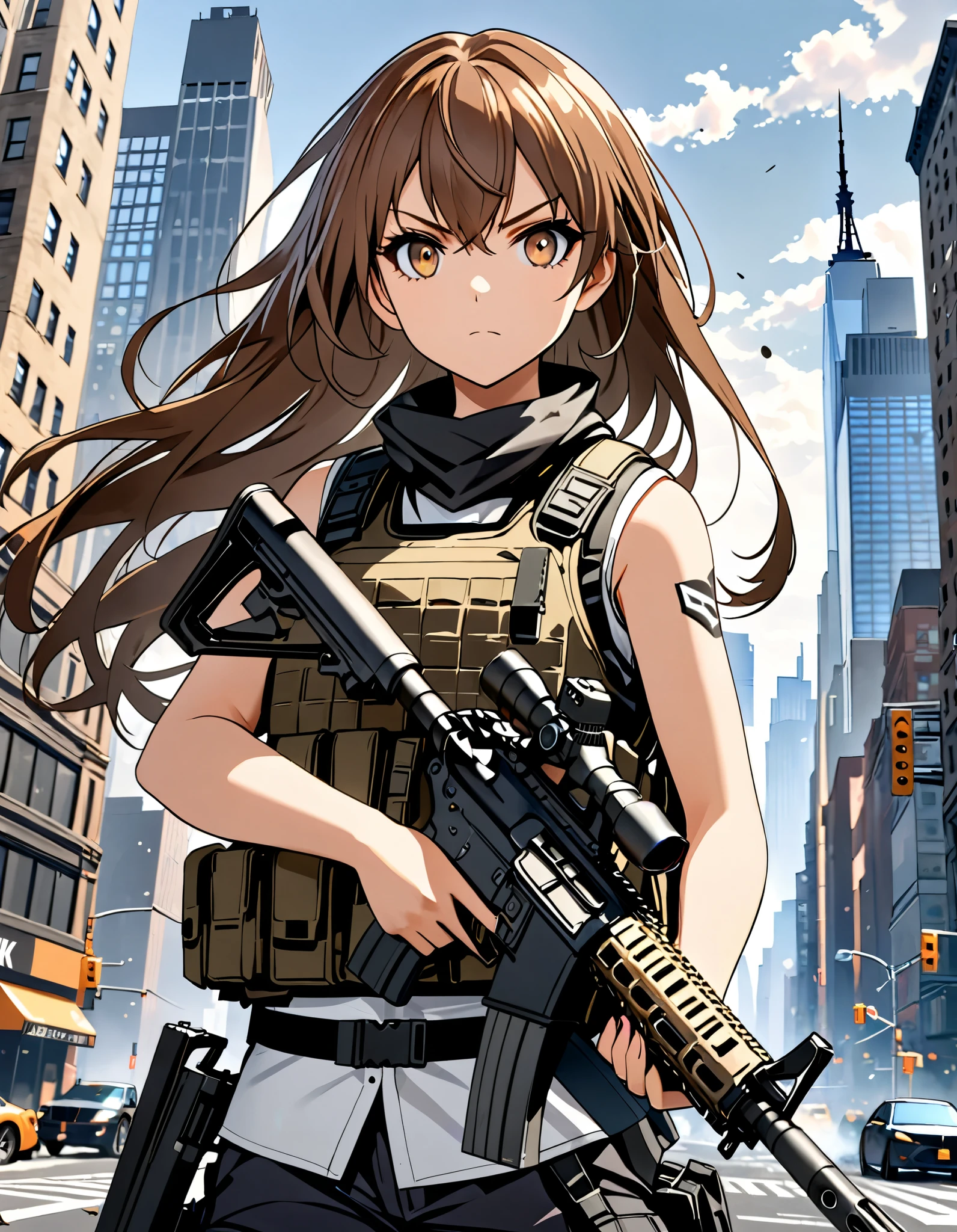 anime girl with gun in hand and city in background, brown hair, hazel eyes, New York, with AR-15 rifle, assault vest, solo, solo focus, daytime, badass anime 8 k, heavily armed, holding a rifle, girls frontline style, holding rifle, fine details. girls frontline, 4 k manga wallpaper, street