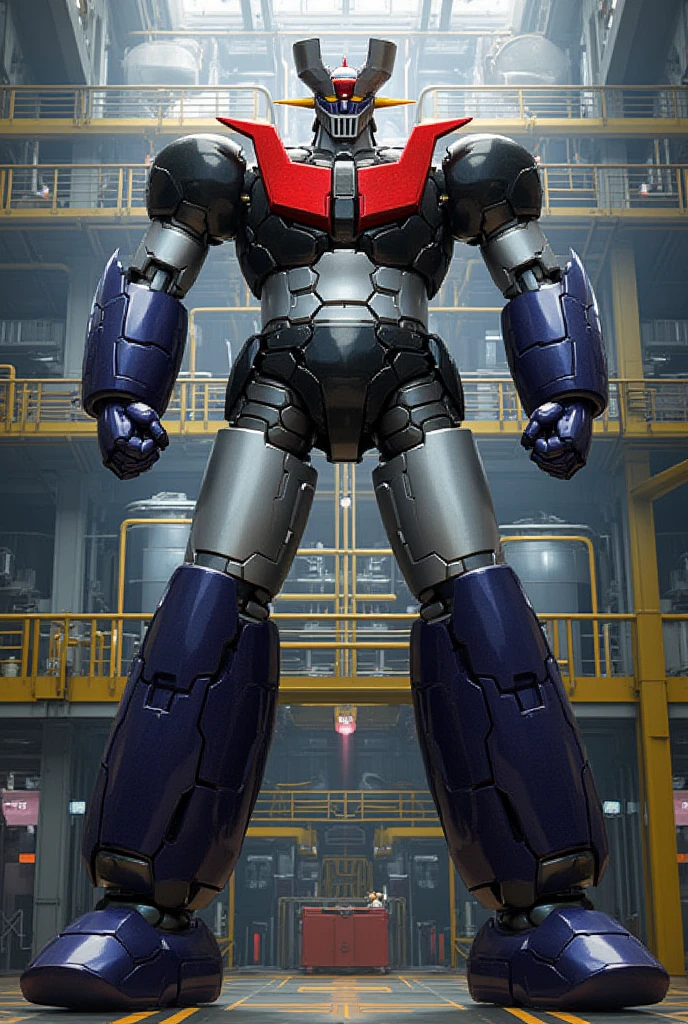 A very realistic giant version of the great hero Great Mazinger Z ,  standing 100 meters high in a forward position.  reactor equipment production line constructed with modern materials such as steel ,  Carbon Fiber ,  other industrial elements are also visible ,  just like the real thing ,  where high voltage current flows and emits light have been carefully recreated.  set in a modern industrial environment ,  the appearance of Mazinger Z standing around ,  illuminated by natural light 、 huge structures highlighted with realistic shadows . LED light lighting .  Installed at the Institute of Space and Space Sciences Chemical Repair Industry Production and Environmental Science Center  , Great Mazinger standing around  ,   illuminated by natural light て 、  a huge structure on the space development dock highlighted by realistic shadows . LED light factory 　