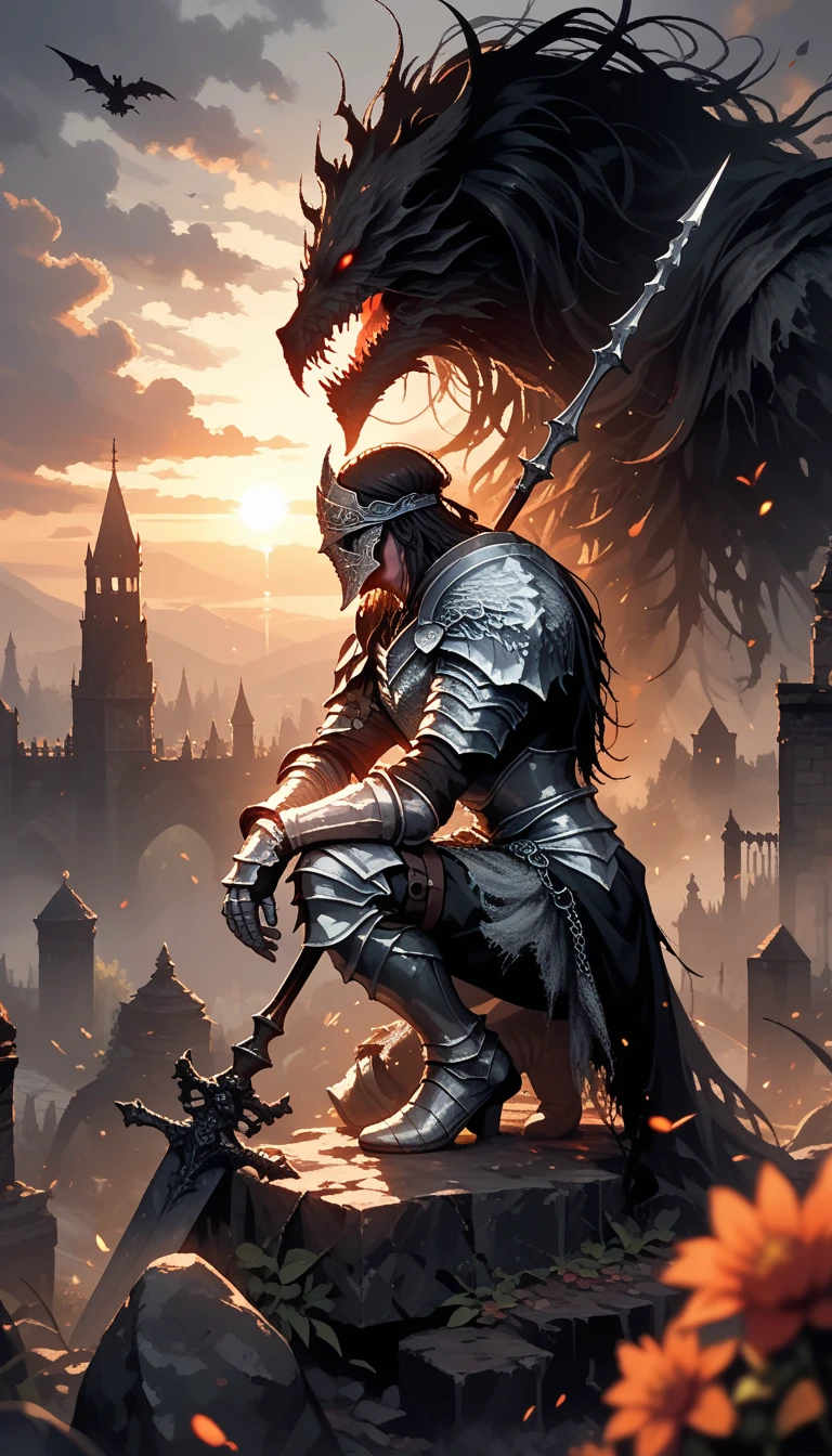  Picture of a man in armor sitting on a rock, dark souls article, the dark souls article,  Dark Souls Vibes , (((article))), fallen article, fantasy article, , painting of a article,  Lord of Ash , style, article,  Dark Souls Inspiration , article in armor, Dark soul style, evil article, Pixel,The setting sun,