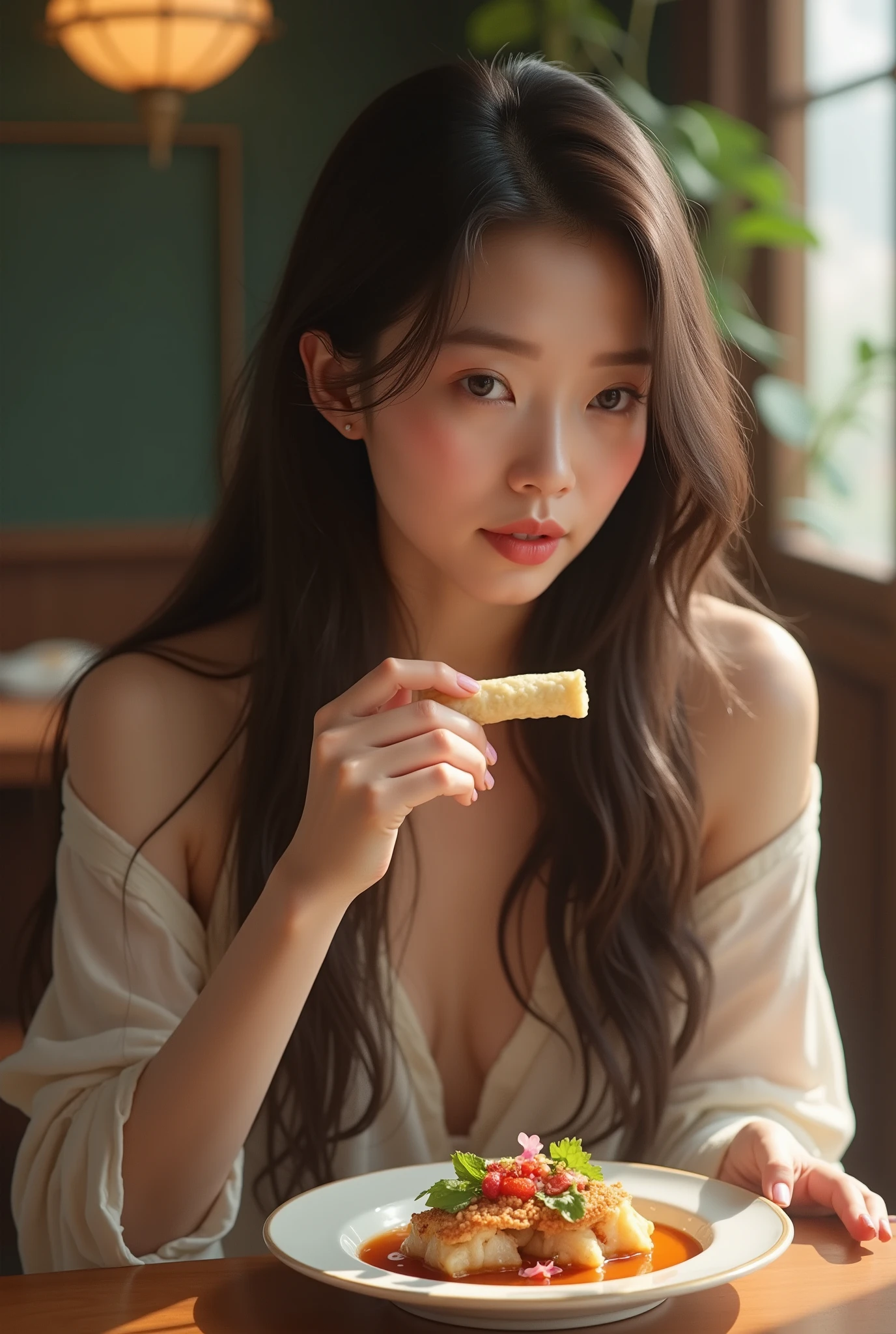 Close your eyes, lick your fingers, eat wiener, sausage, eat, big, deep cleavage, top quality, masterpiece, illustration, very delicate and beautiful, very detailed, cg, unity, 8k wallpaper, amazing, fine detail, highly detailed cg Unity 8K wallpaper, huge file size, very detailed, high resolution, handsome detail woman, close eyes, lick fingers, eat wiener, sausage, eat,