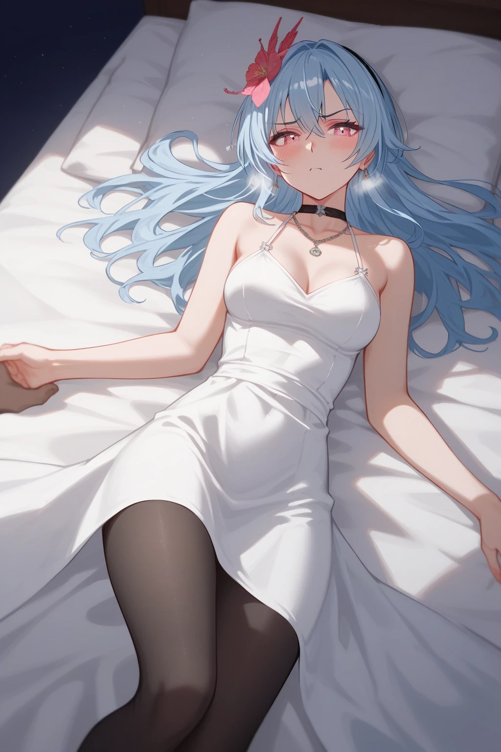 in hospital, mattress, blanket, IV tube, monitor, injury, wound, bandage, 1girl, sick, covered in wounds, crying, long hair, gray hair, bangs, (bright aqua eyes), lying on the bed, body covered with blanket, (face bandages)