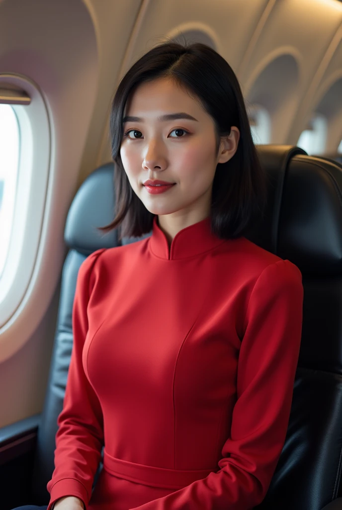 ((  very detailed facial  )),(40,000, photo, masterpiece,  high quality ,  (( plump )), 1 Chinese woman,、 super detailed face 、 detailed lips 、  meticulous eyes  、Double eyelids 、( black bob hairstyle 、  walk gracefully down the aisle and smile )、(Airline stewardess:1.2)、(Glamorous Body)、(huge )、 Thighs Thighs Thighs Thighs, Perfect fit, 完美的图像Realism, Background and  : (Business class aisle in airplane:1.2),  cowboy shooting, Deep background, Fine clothing, Perfect lighting、 surrealism、(Realism:1.4)、8K highest resolution , (​masterpiece),  Highly Detailed , major， slim body ，TallAirline stewardess， Looking from the bottom up， Full Body Photo ，Tall，Sitting， sit in the seat by the car window