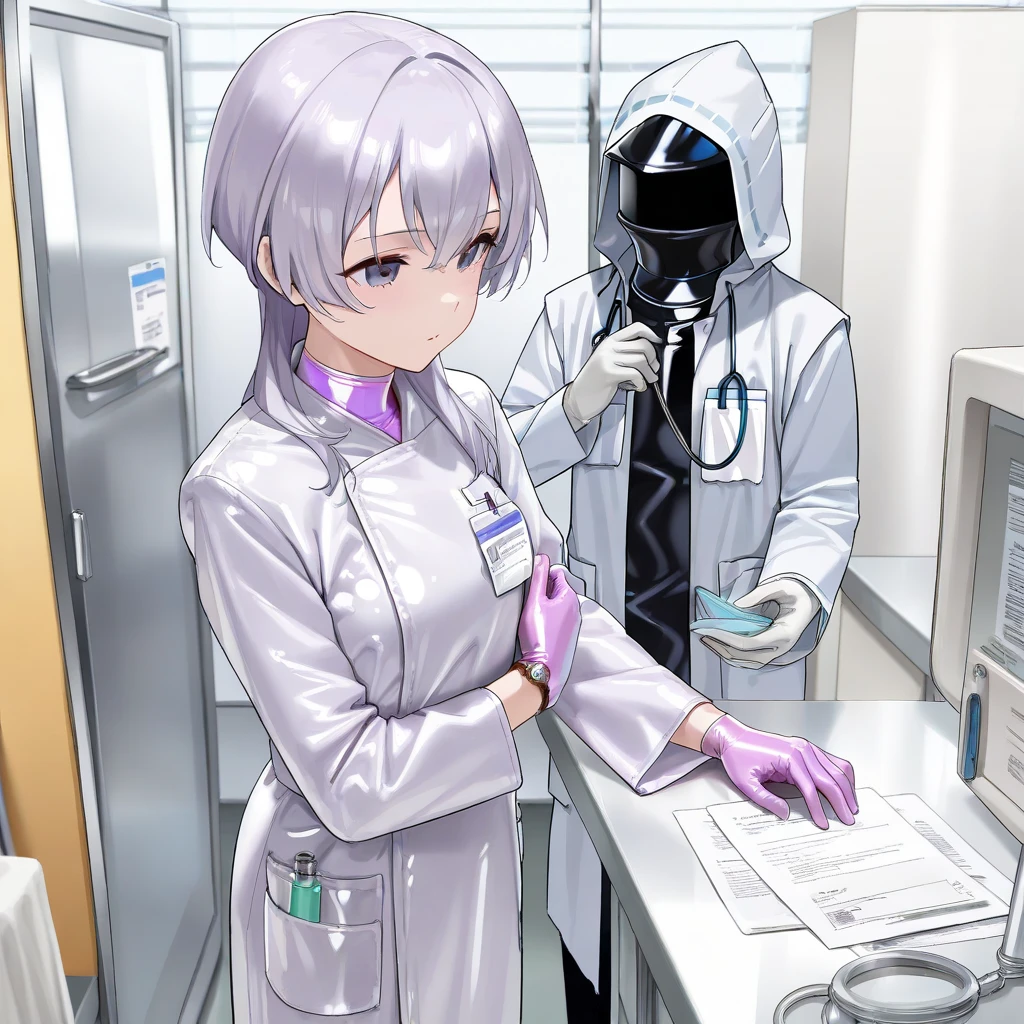  1 girl, ((light purple gloves)), (( surgical gloves)), (( latex gloves )), the rest of the clothing is not made of latex, (([doctor outfit)),  Watch Viewers , (([doctor)), (( Long Sleeve )),  is standing, Alone