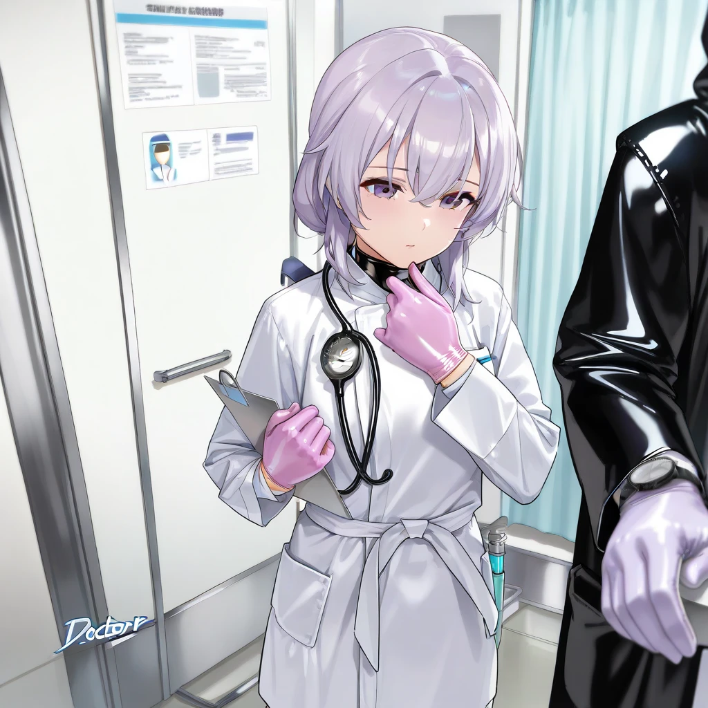  1 girl, ((light purple gloves)), (( surgical gloves)), (( latex gloves )), the rest of the clothing is not made of latex, (([doctor outfit)),  Watch Viewers , (([doctor)), (( Long Sleeve )),  is standing, Alone