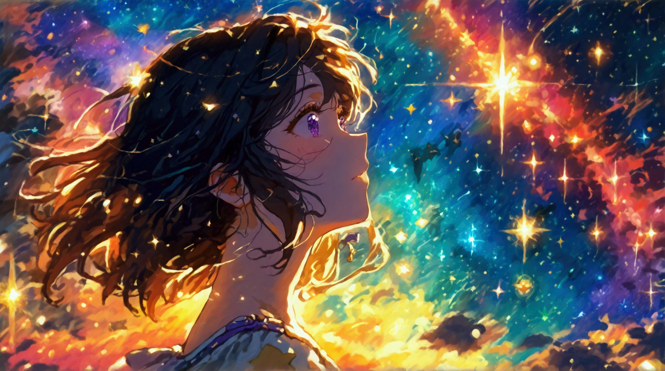  attention to detail,  super detailed ,  super high res,  A girl having a great time in the galaxy of dreams , Surrounded by stars, Warm light shining on her , Background、 Starry sky with colorful galaxies and galactic clouds,  stars fly around her , delicate face, Add some fun ,