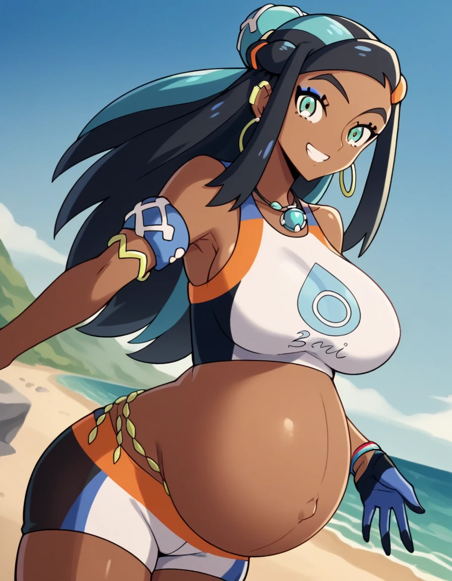 score_9, score_8_up, score_7_up, source_anime, pokemonnessa, aqua eyes, eyeshadow, dark skin, dark-skinned female, hair bun, hair ornament, makeup, long hair, sidelocks, single hair bun, thick eyebrows, black hair, aqua hair, streaked hair,, armlet, bare arms, belly chain, bike shorts, bikini, crop top, Pregnant, huge Belly, huge breasts, big belly,
earrings, gloves, half gloves, hoop earrings, jewelry, midriff, navel, necklace, short shorts, shorts, swimsuit, tankini, rooftop view, Dawn time, beach, quiet reflection, smile, looking at viewer, solo,, cowboy shot, dutch angle