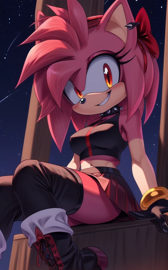 ((masterpiece)) ((UHD)) 4K, High detailed, ((detailed shadowing)) Female anthropomorphic hedgehog, Amy Rose, mobian, bright pink fur, furry, Anime style art, Studio Quality, Atractive, gorgeous body, Close-up portrait, Best Quality, High resolution, breasts, midriff, multicolored hair , pink messy, frizzy, short Punk Hair with red highlights, ((red hair bow)), long bangs, orange eyes, ((red crop top)), ((red spike bracelets)), ((long black gloves)) black choker, earrings, ((red skirt with black vertical stripes)) , ((long black & red punk boots)) ((red stockings with black stripes)) , creepy smile, wide-eyed, crazy, bonkers, unhinged, Looking at viewer, sitting ((nighttime)) ((starry sky)) ((ambient lighting)) (cinematic lighting)) creepy carnival background