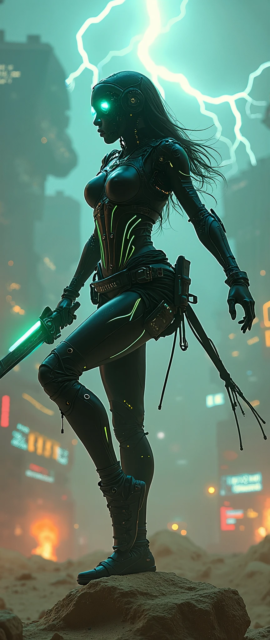 Futuristic woman with a sword standing on a rock in a city - SeaArt AI