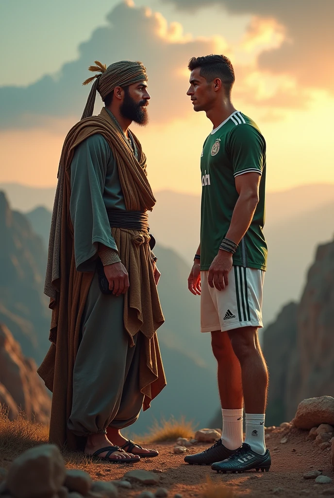Create an image of a Brazilian man wearing only the national team jersey, in jeans and adidas sneakers with a cap and glasses, being struck with a sword by a Saudi man in typical Saudi clothing