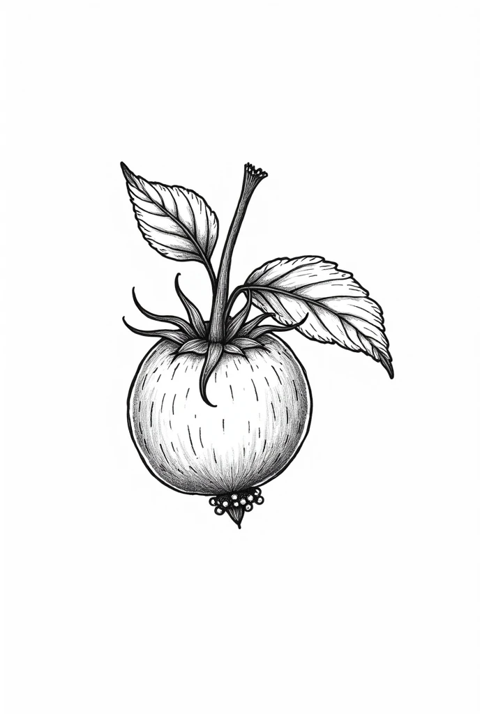 detailed, black and white botanical illustration of an eggplant plant. The image should prominently feature the plant's large leaves, a tiny eggplant flower flower star shaped 5 edges, and two big eggplants. The style should resemble a vintage botanical drawing with light line work and minimal black shading, focusing on the natural elements without heavy shadows