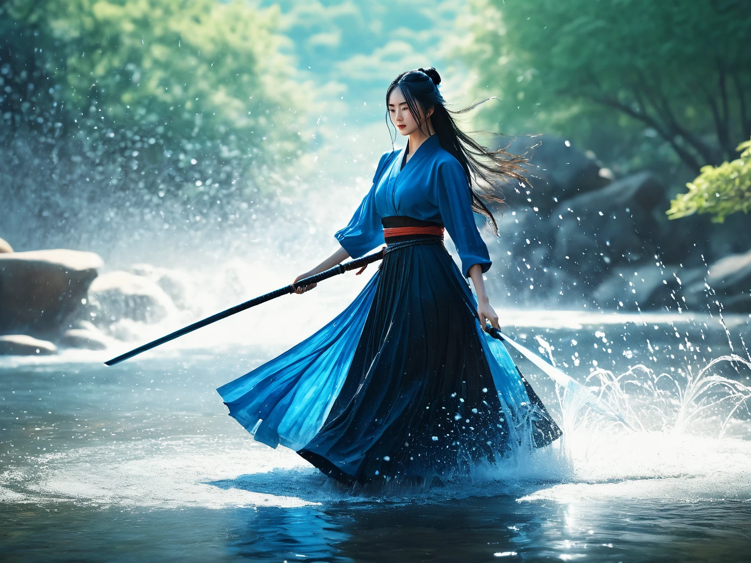 (extremely detailed CG unity 8k wallpaper,masterpiece, best quality, ultra-detailed),(incredible lighting, dynamic camera angle),water sword, blue water splashing,stream, flowing water, beautiful girl with long black hair, elegant wuxia dress,watercolor, 70's retro filter.