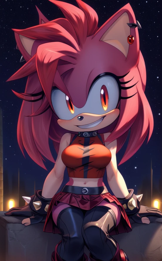 ((masterpiece)) ((UHD)) 4K, High detailed, ((detailed shadowing)) Female anthropomorphic hedgehog, Amy Rose, mobian, bright pink fur, furry, Anime style art, Studio Quality, Atractive, gorgeous body, Close-up portrait, Best Quality, High resolution, breasts, midriff, multicolored hair , pink messy, frizzy, short Punk Hair with red highlights, ((red hair bow)), long bangs, orange eyes, ((red crop top)), ((red spike bracelets)), ((long black gloves)) black choker, earrings, ((red skirt with black vertical stripes)) , ((long red punk boots with black stripes)) ((red stockings with black stripes)) , creepy smile, wide-eyed, crazy, bonkers, unhinged, Looking at viewer, sitting ((nighttime)) ((starry sky)) ((ambient lighting)) (cinematic lighting)) creepy carnival background